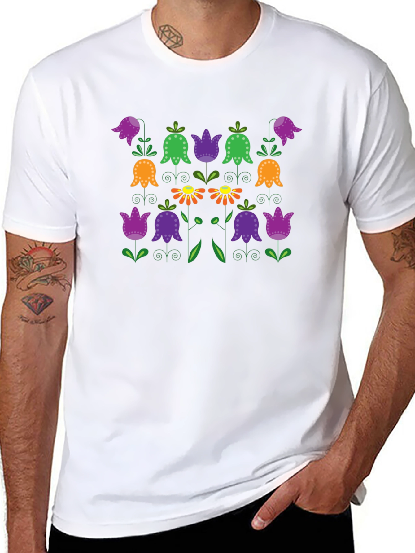 Floral Folk Art Print Black T-Shirt