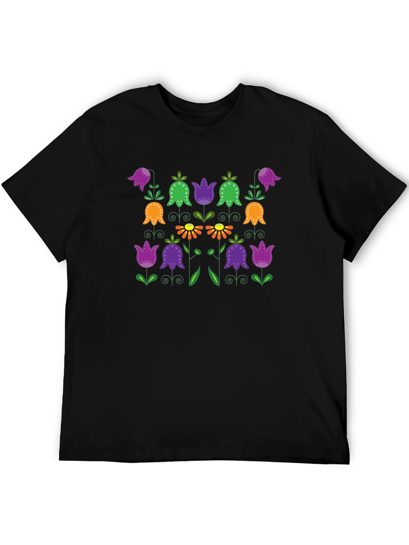 Floral Folk Art Print Black T-Shirt