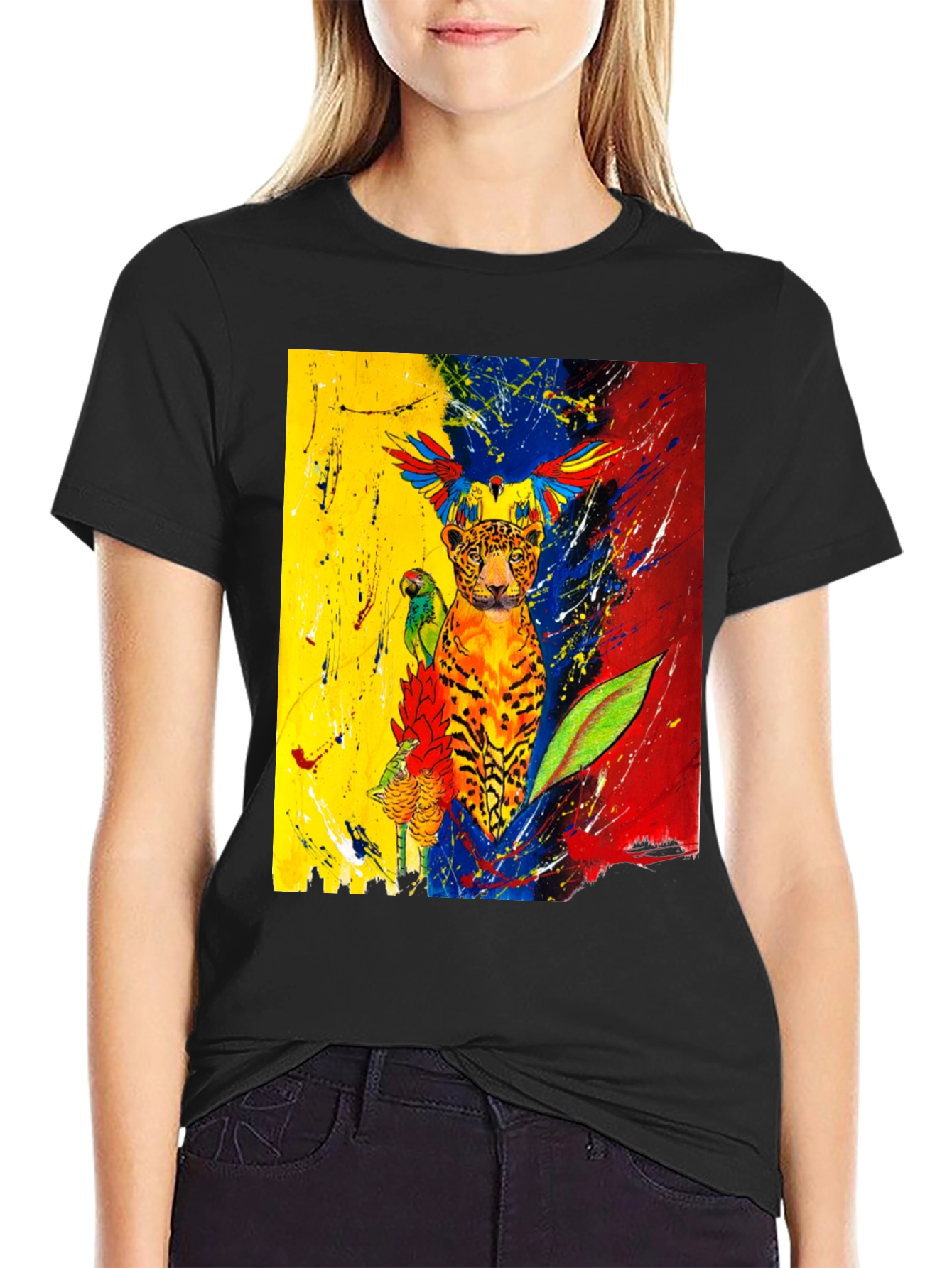 Vibrant Wildlife Art T-Shirt - Black