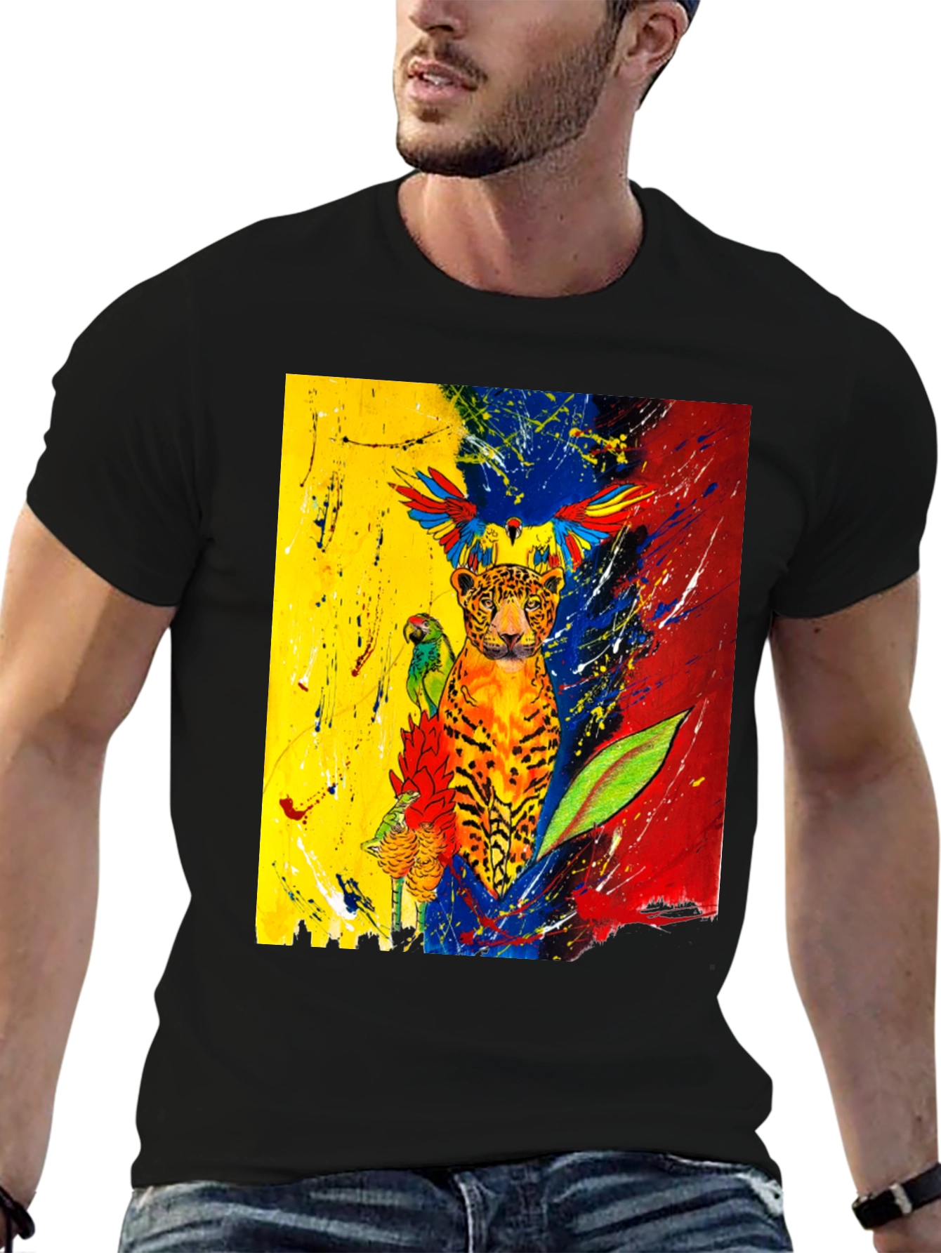 Vibrant Wildlife Art T-Shirt - Black