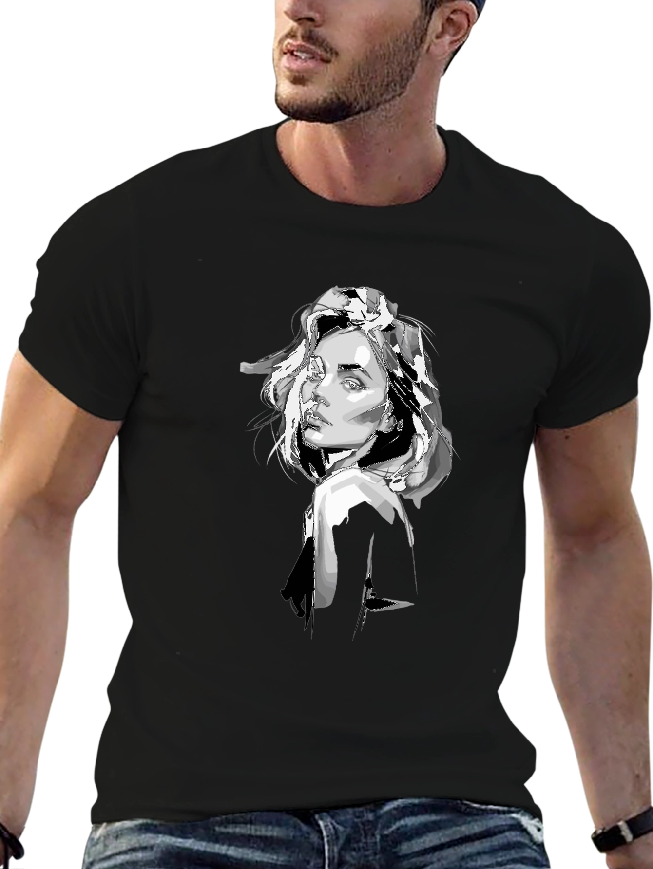 Black T-Shirt with Graphic Woman Print