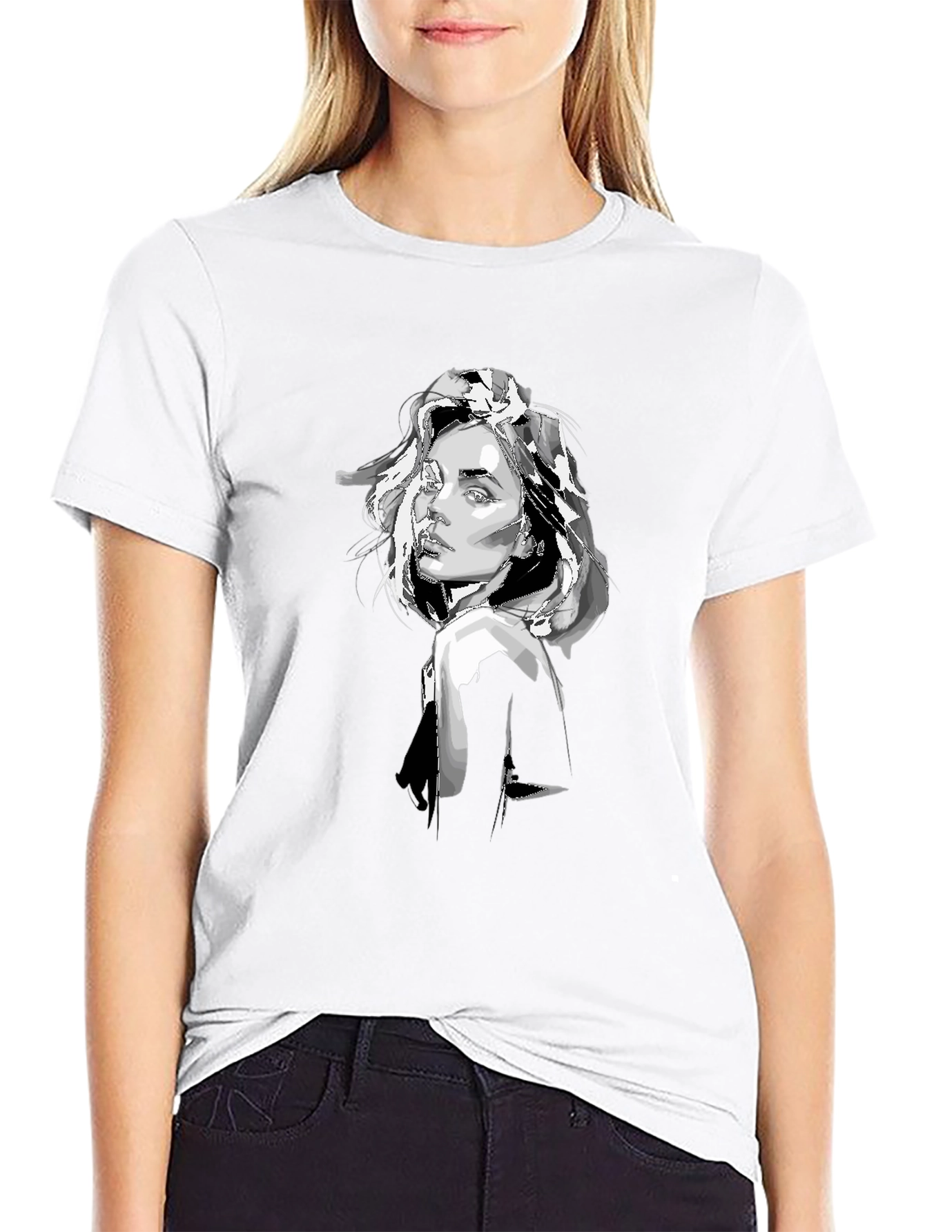 Black T-Shirt with Graphic Woman Print