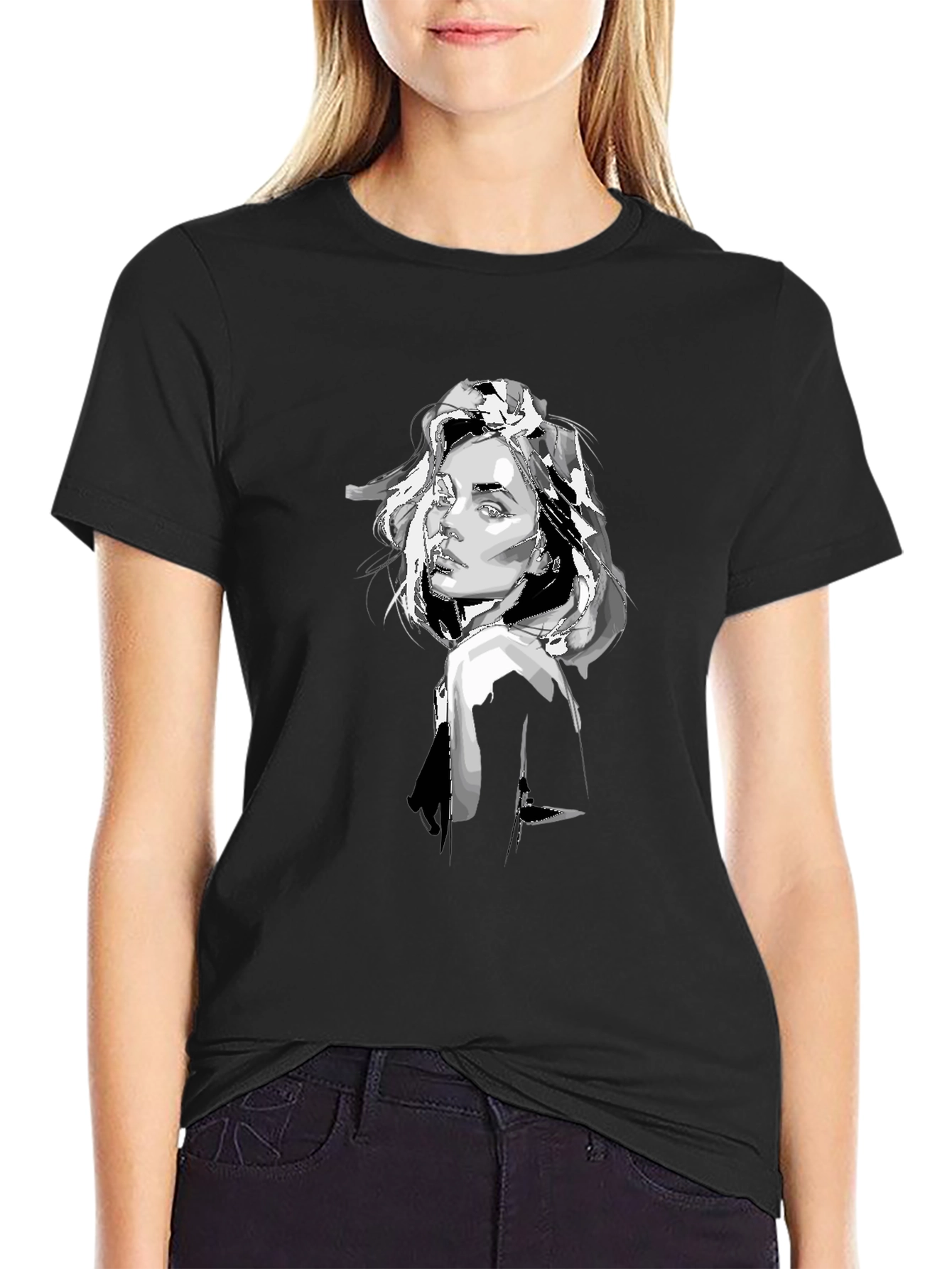 Black T-Shirt with Graphic Woman Print