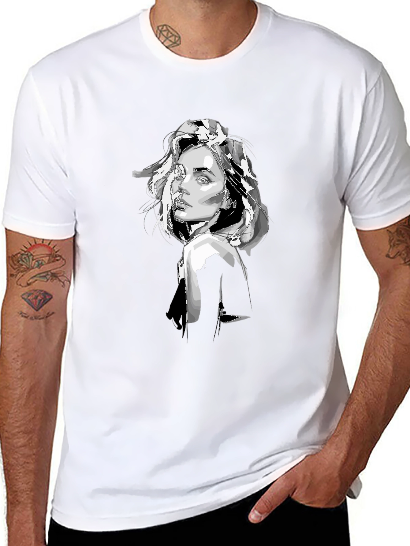 Black T-Shirt with Graphic Woman Print