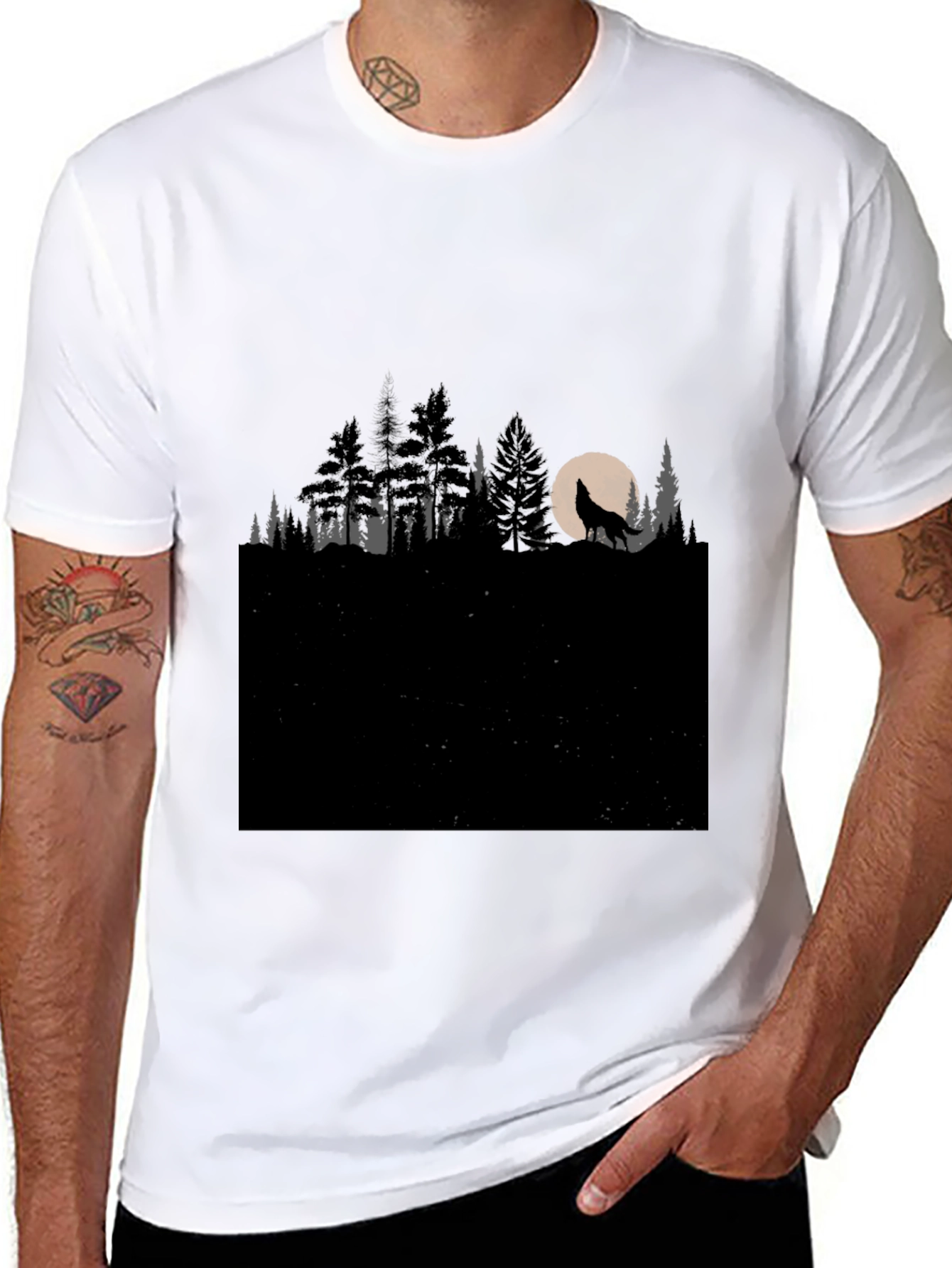 Wolf Howling at Moon in Forest T-Shirt