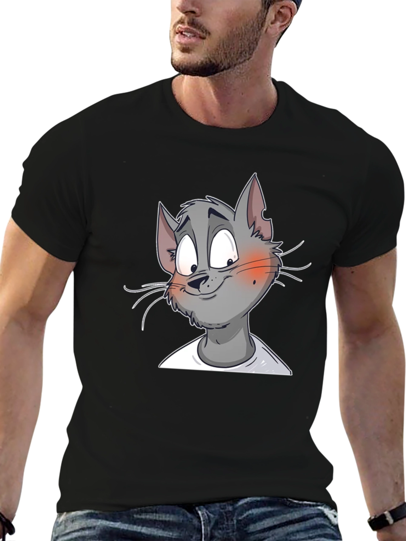 Cartoon Cat Graphic Print T-Shirt - Black
