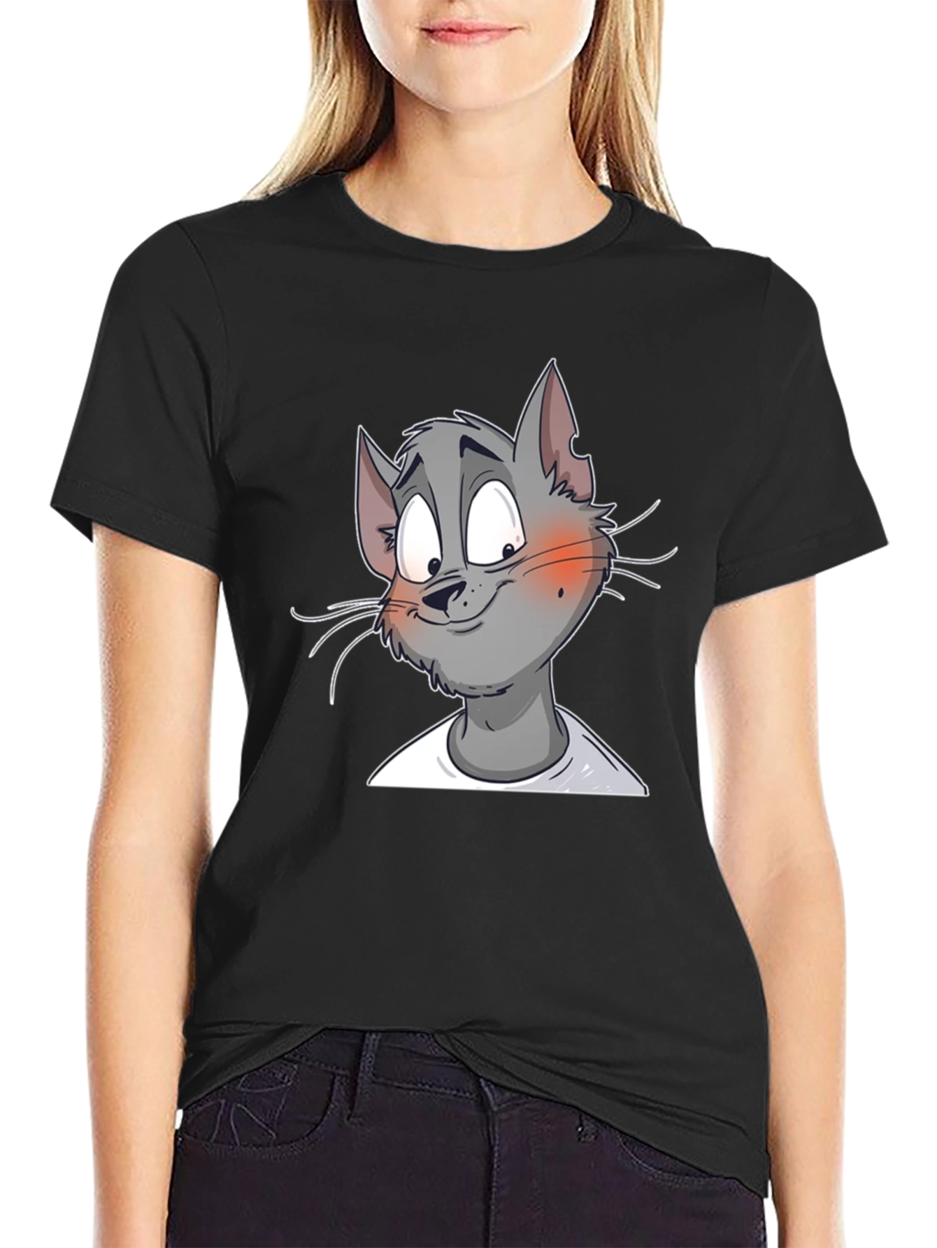Cartoon Cat Graphic Print T-Shirt - Black