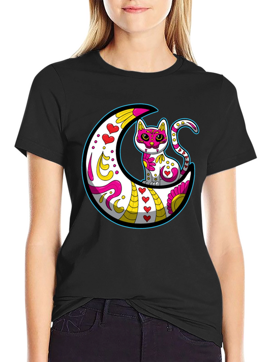 Sugar Skull Cat on Moon T-Shirt
