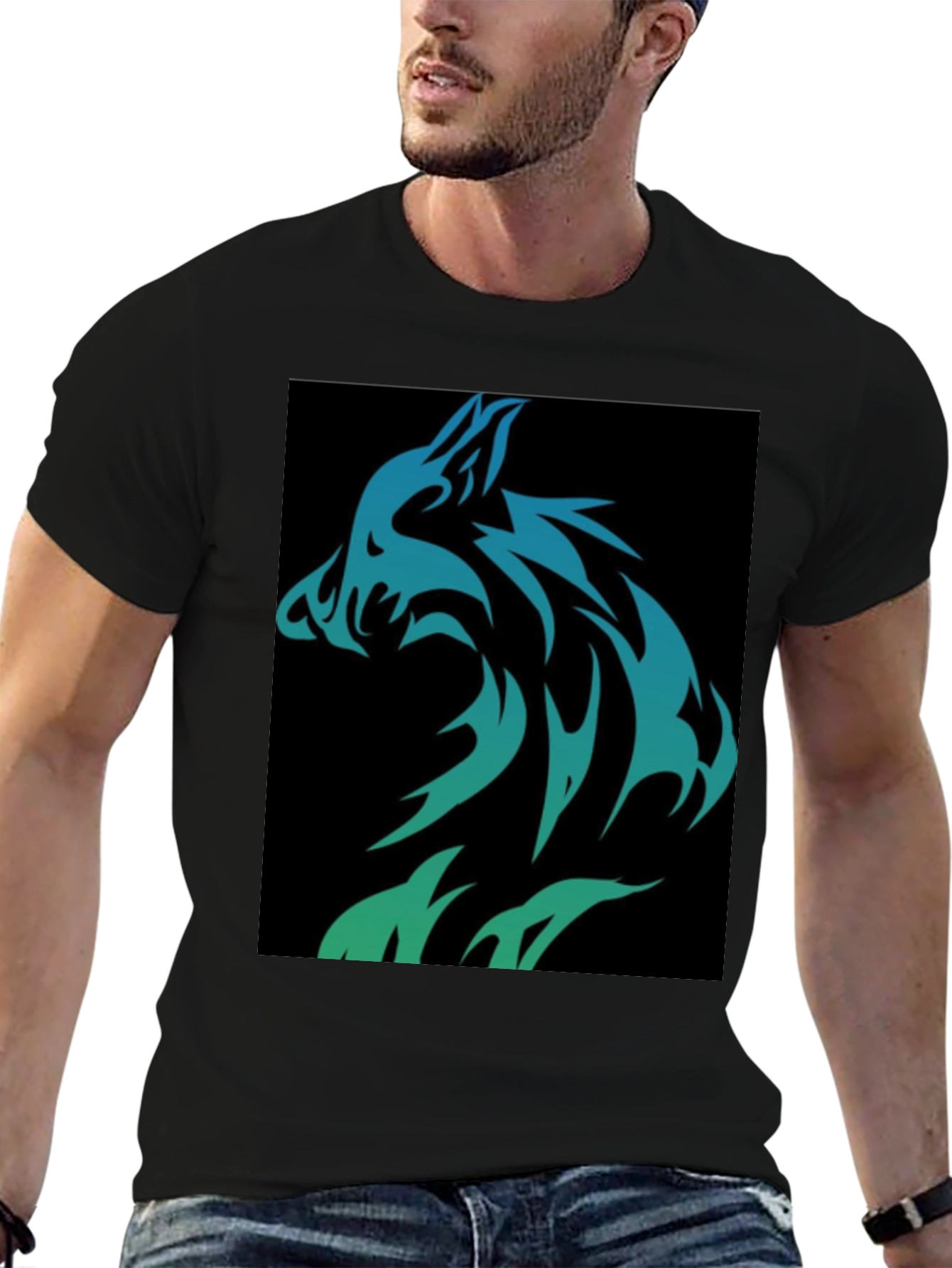 Wolf Tribal Design Black T-Shirt