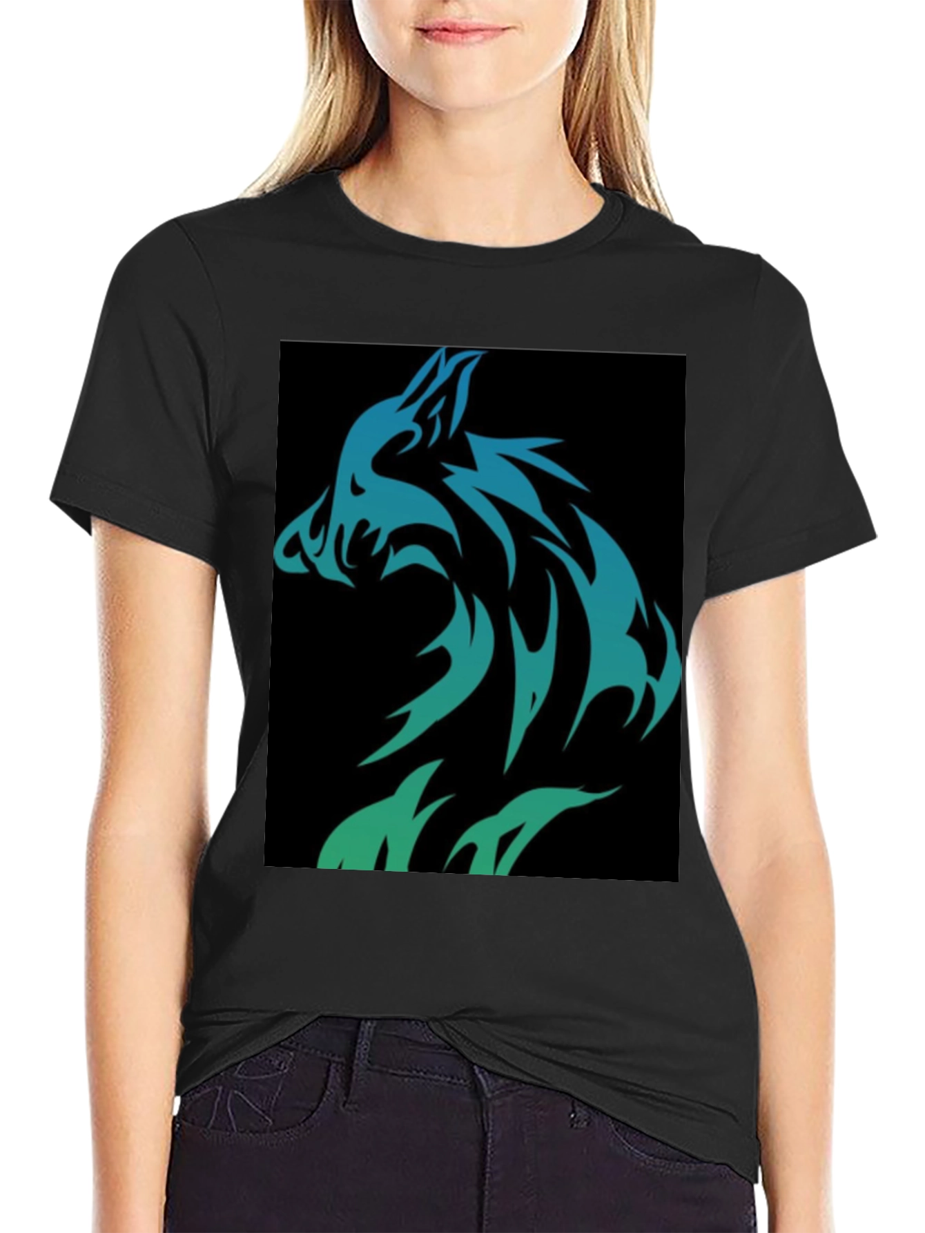 Wolf Tribal Design Black T-Shirt