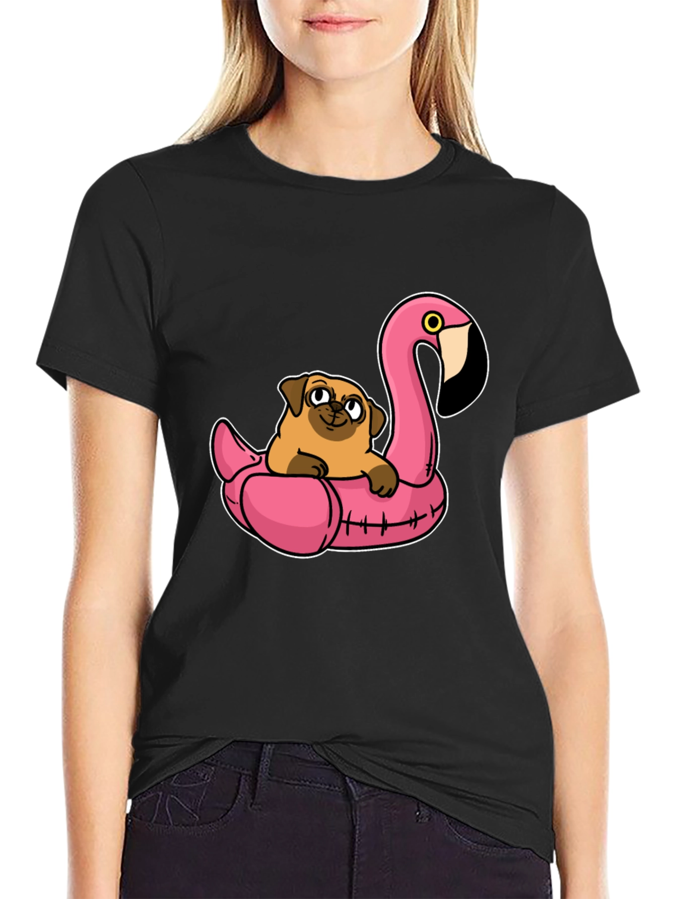 Pug on Flamingo Float T-Shirt