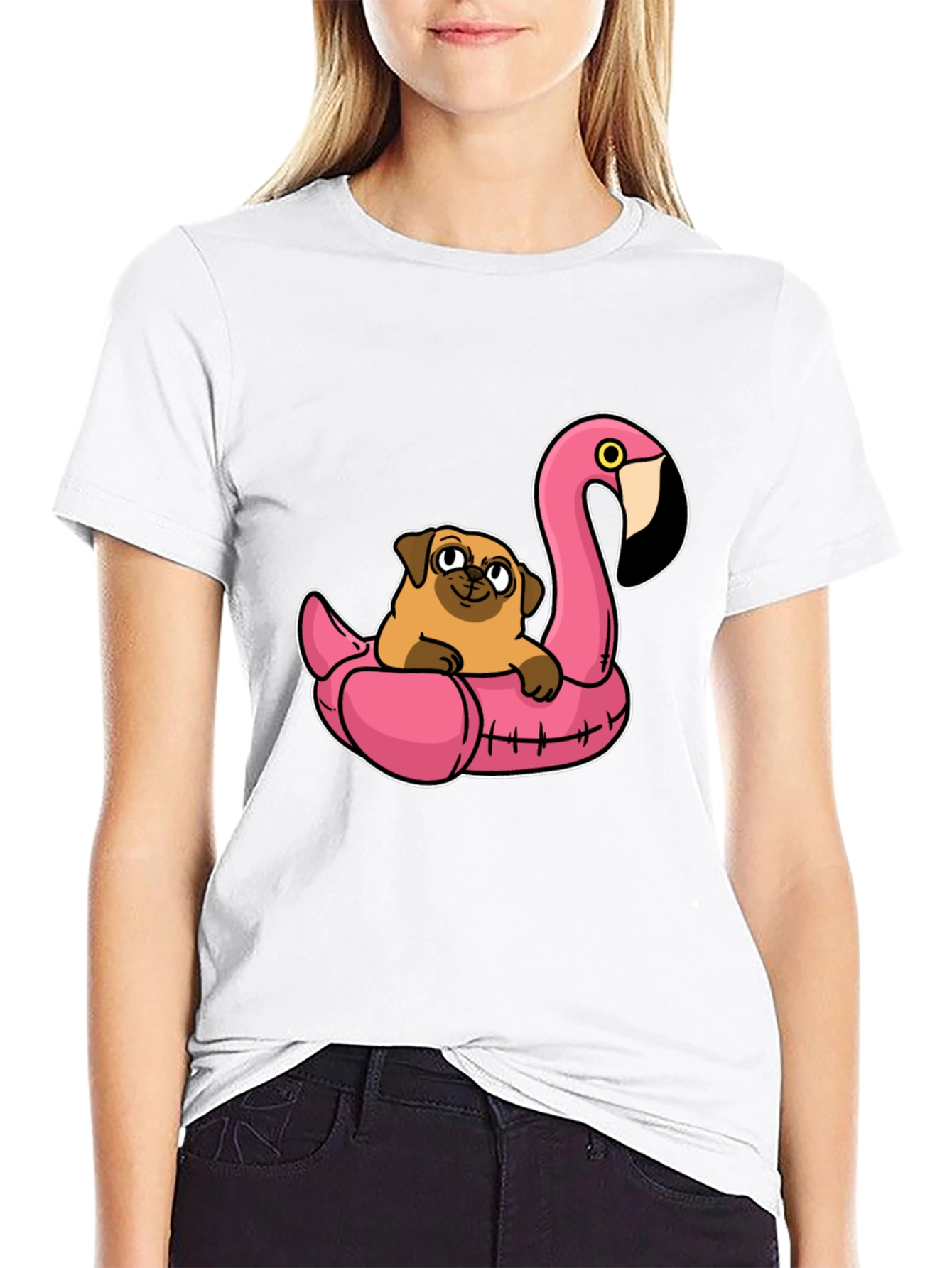Pug on Flamingo Float T-Shirt
