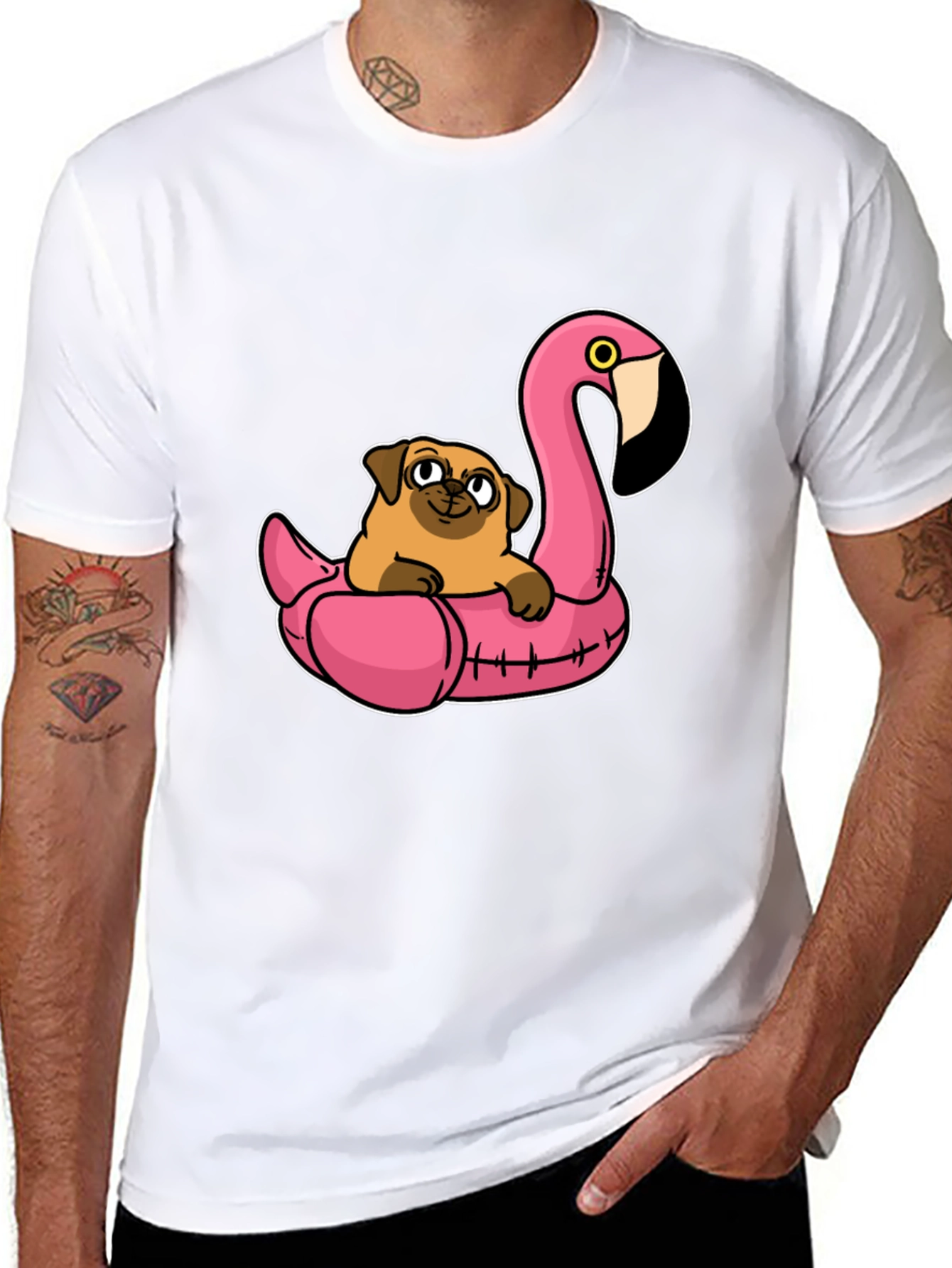 Pug on Flamingo Float T-Shirt