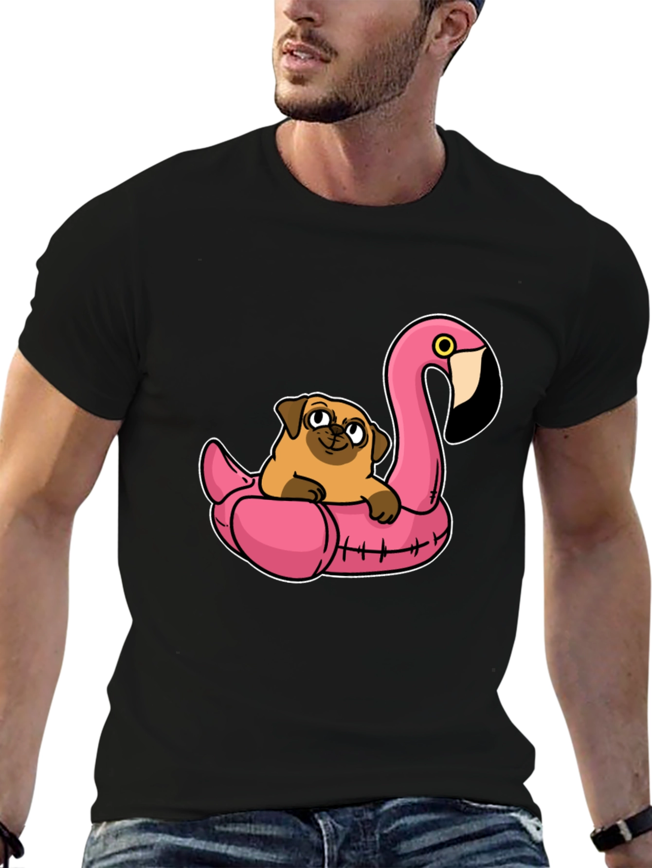Pug on Flamingo Float T-Shirt
