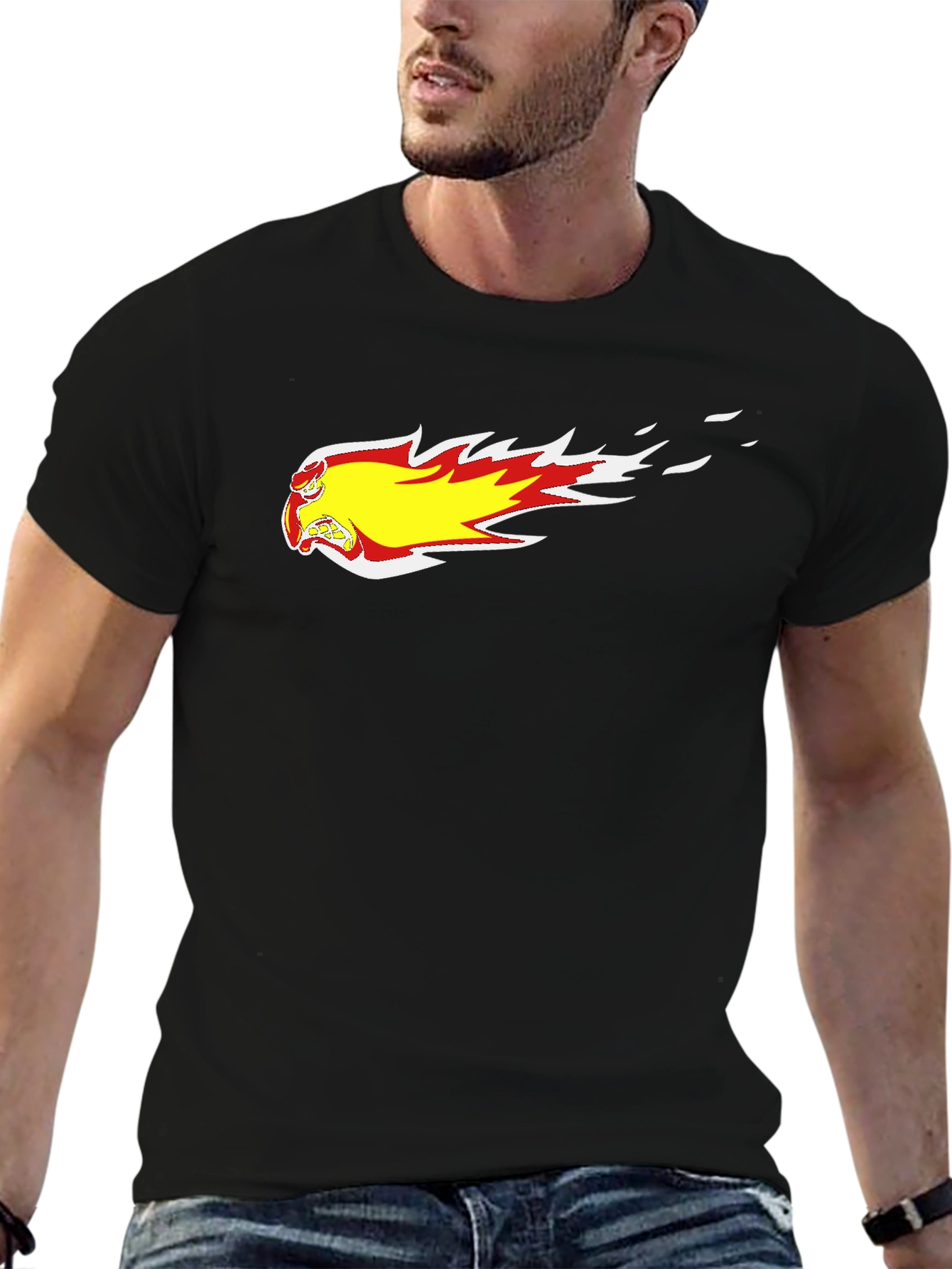 Black T-Shirt with Fiery Cartoon Graphic