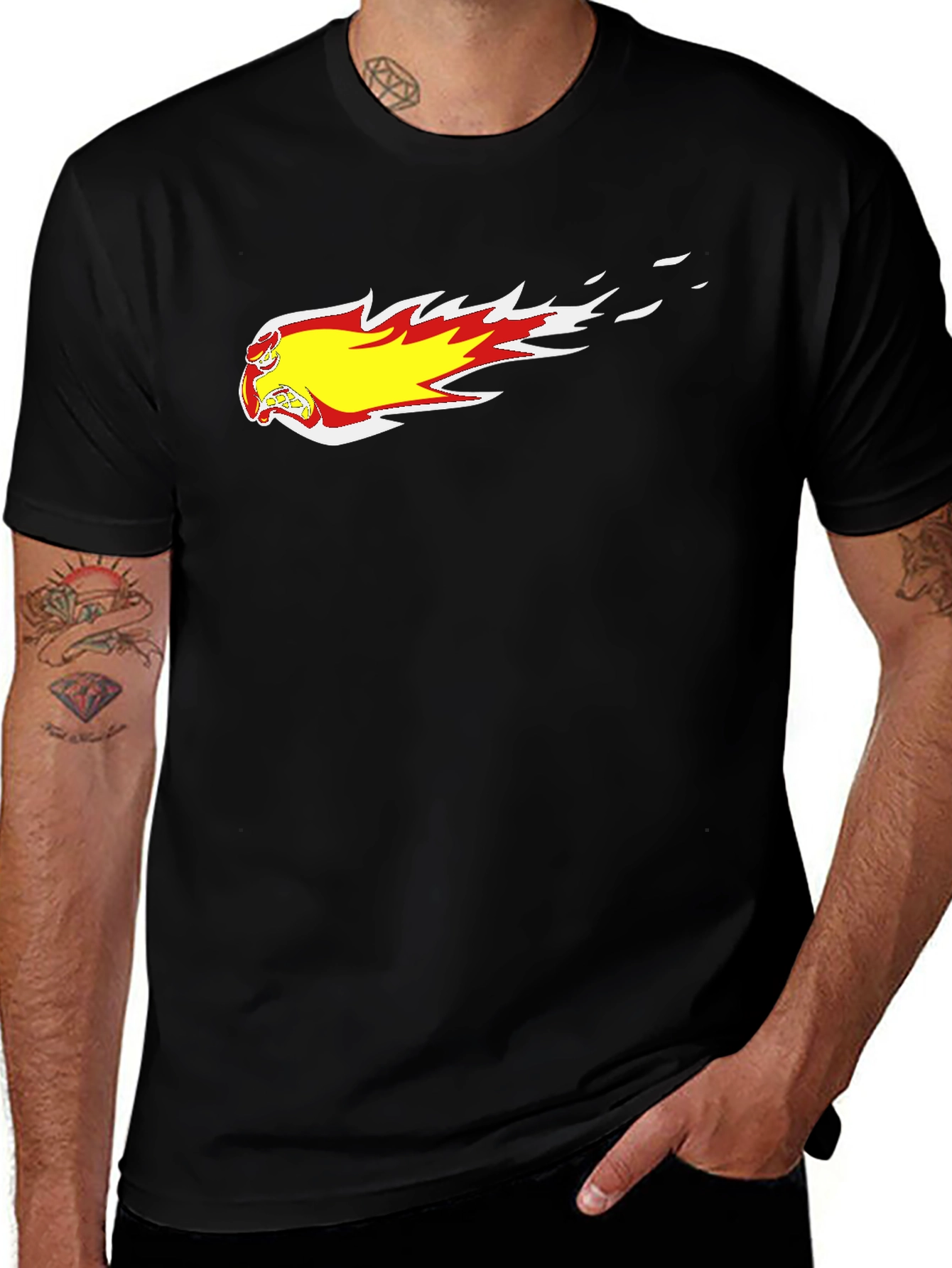 Black T-Shirt with Fiery Cartoon Graphic