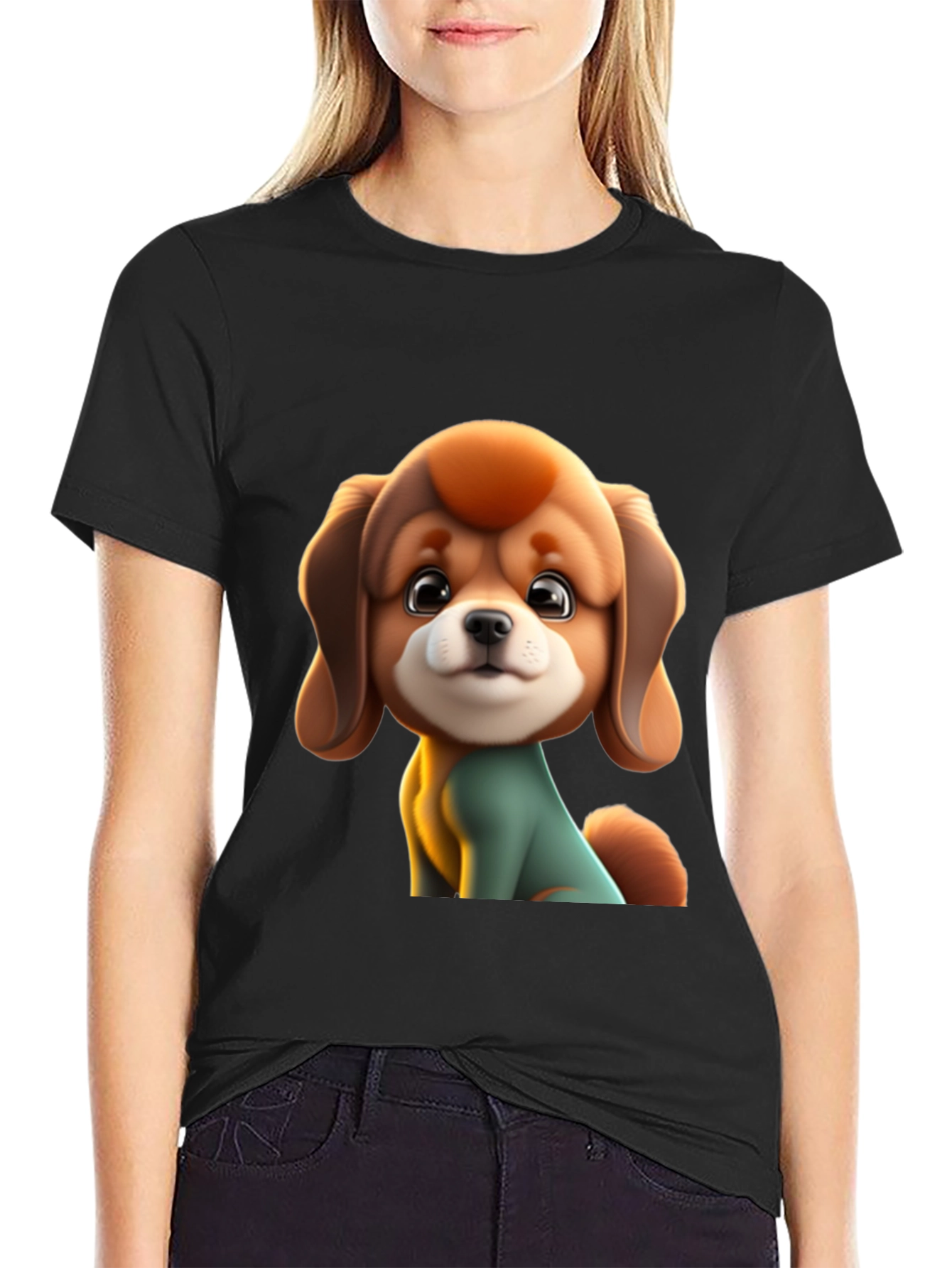 Cute Cartoon Dog Graphic Black T-Shirt