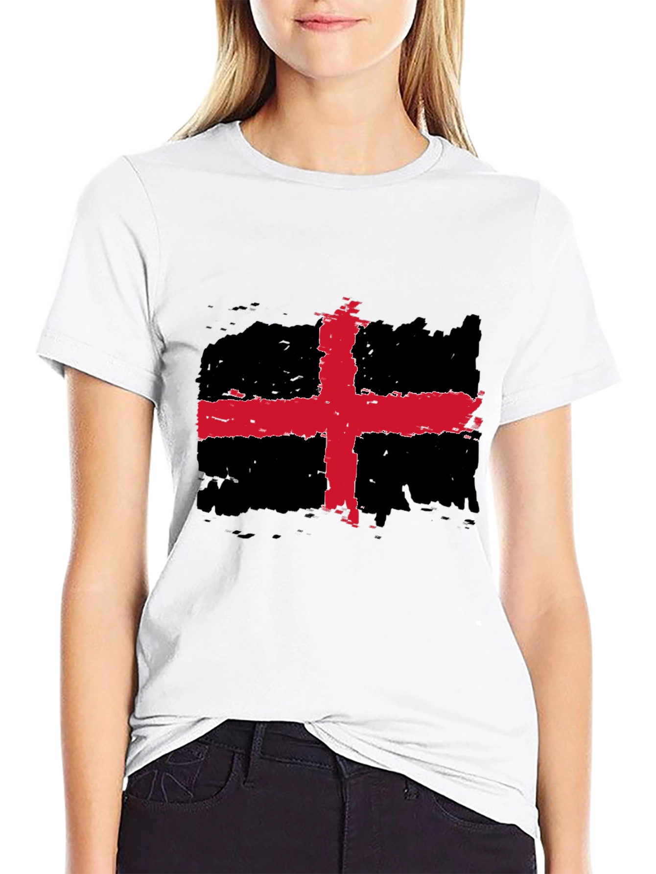 Distressed Red Cross Black Tee