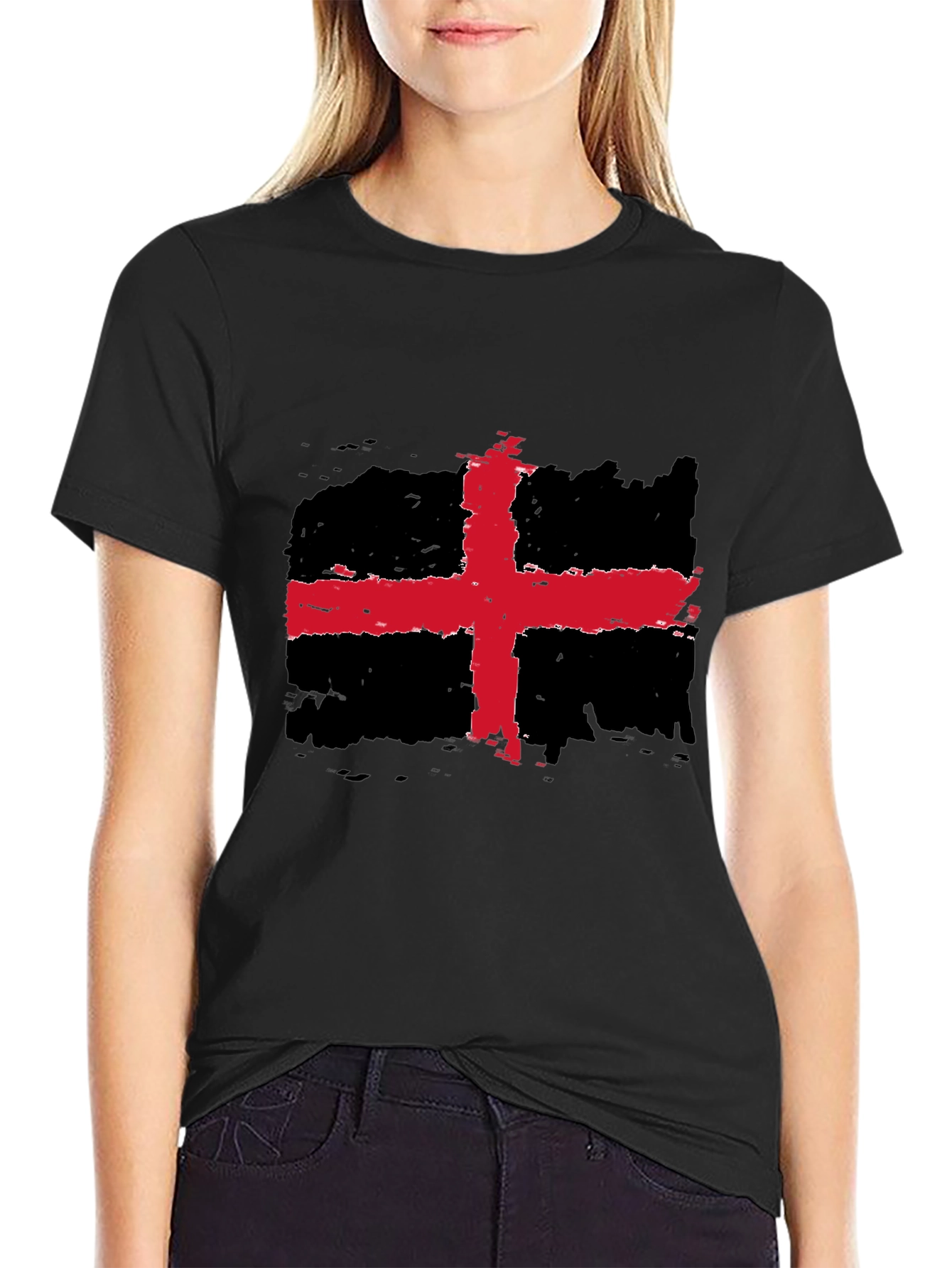 Distressed Red Cross Black Tee