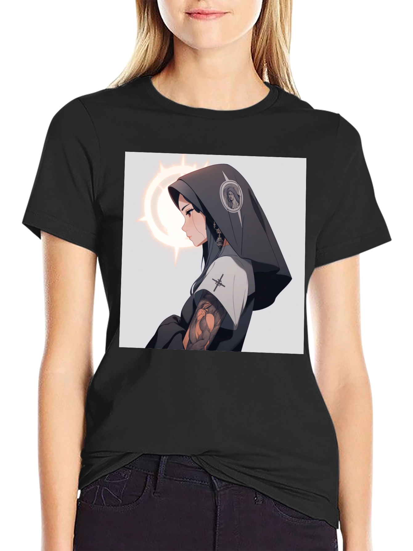 Anime Nun T-Shirt - Black Cotton Graphic Tee