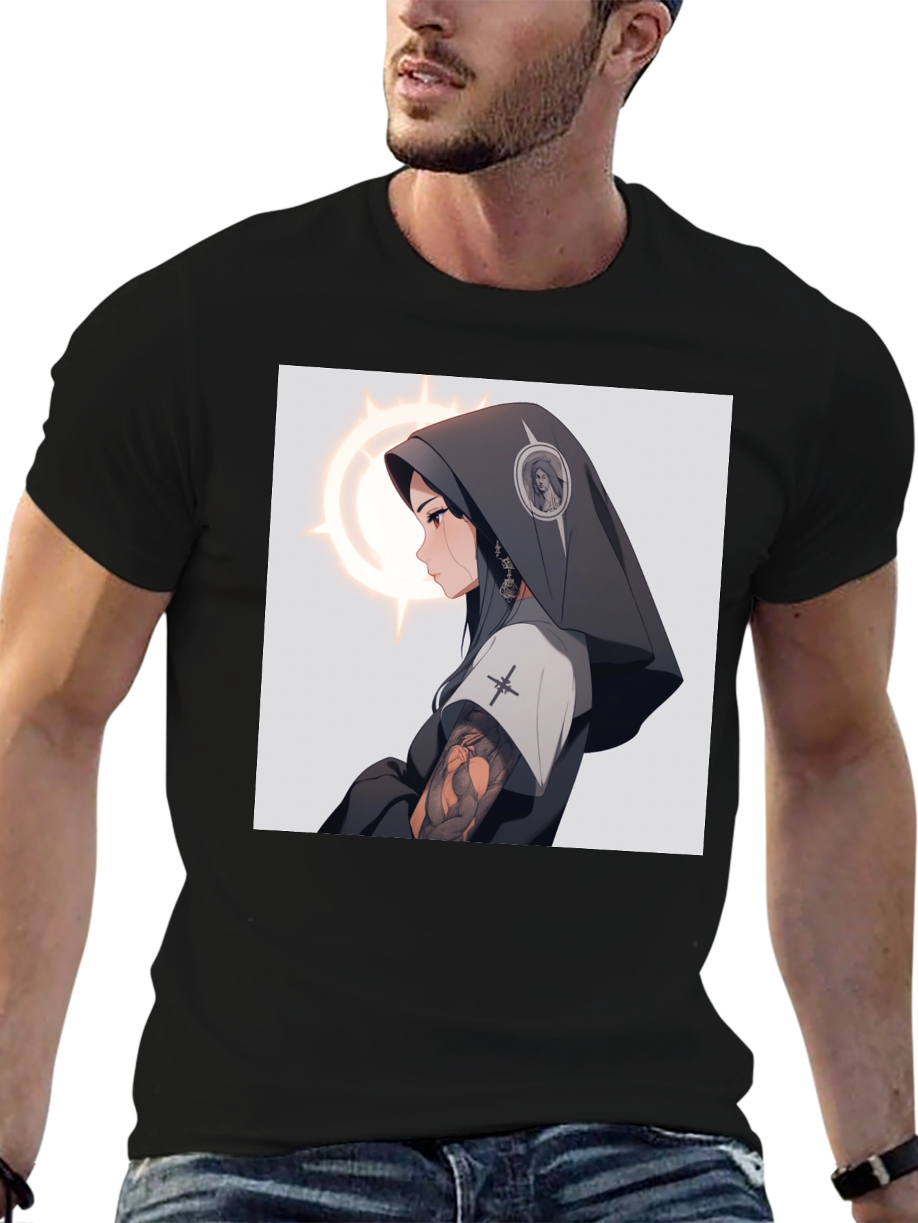 Anime Nun T-Shirt - Black Cotton Graphic Tee