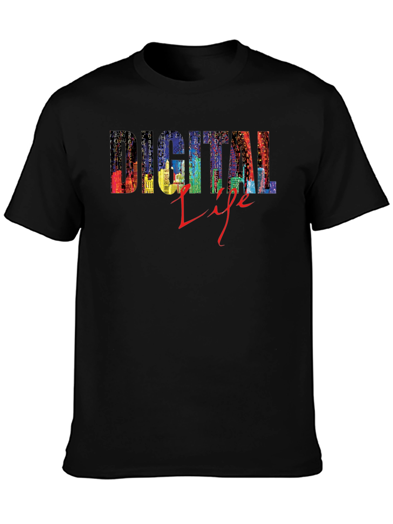 Digital Life Black T-Shirt - Stylish Cityscape Design