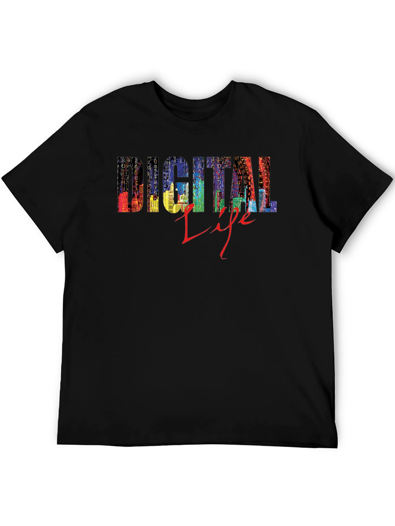 Digital Life Black T-Shirt - Stylish Cityscape Design
