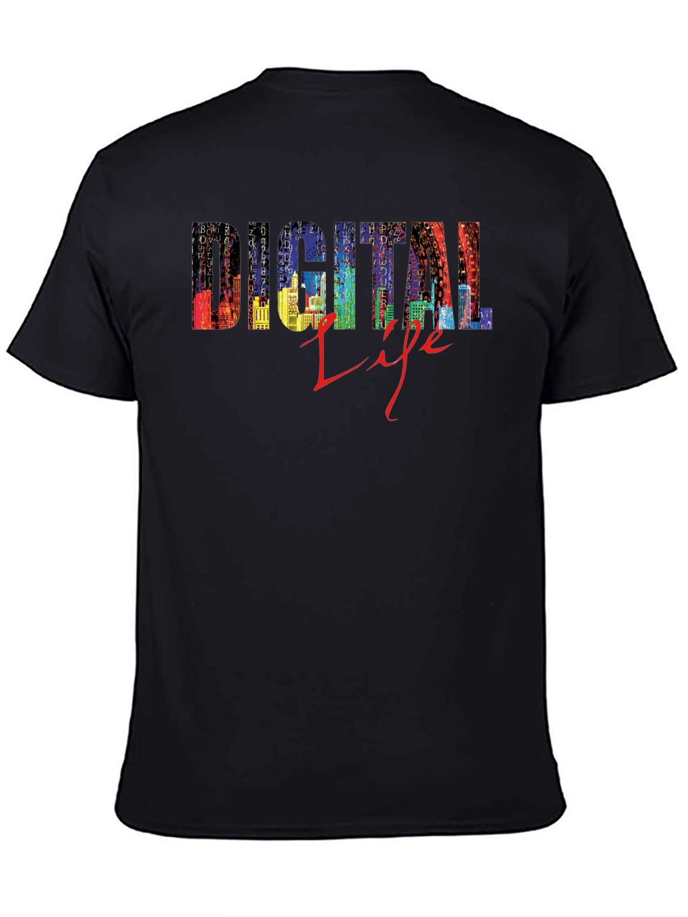 Digital Life Black T-Shirt - Stylish Cityscape Design