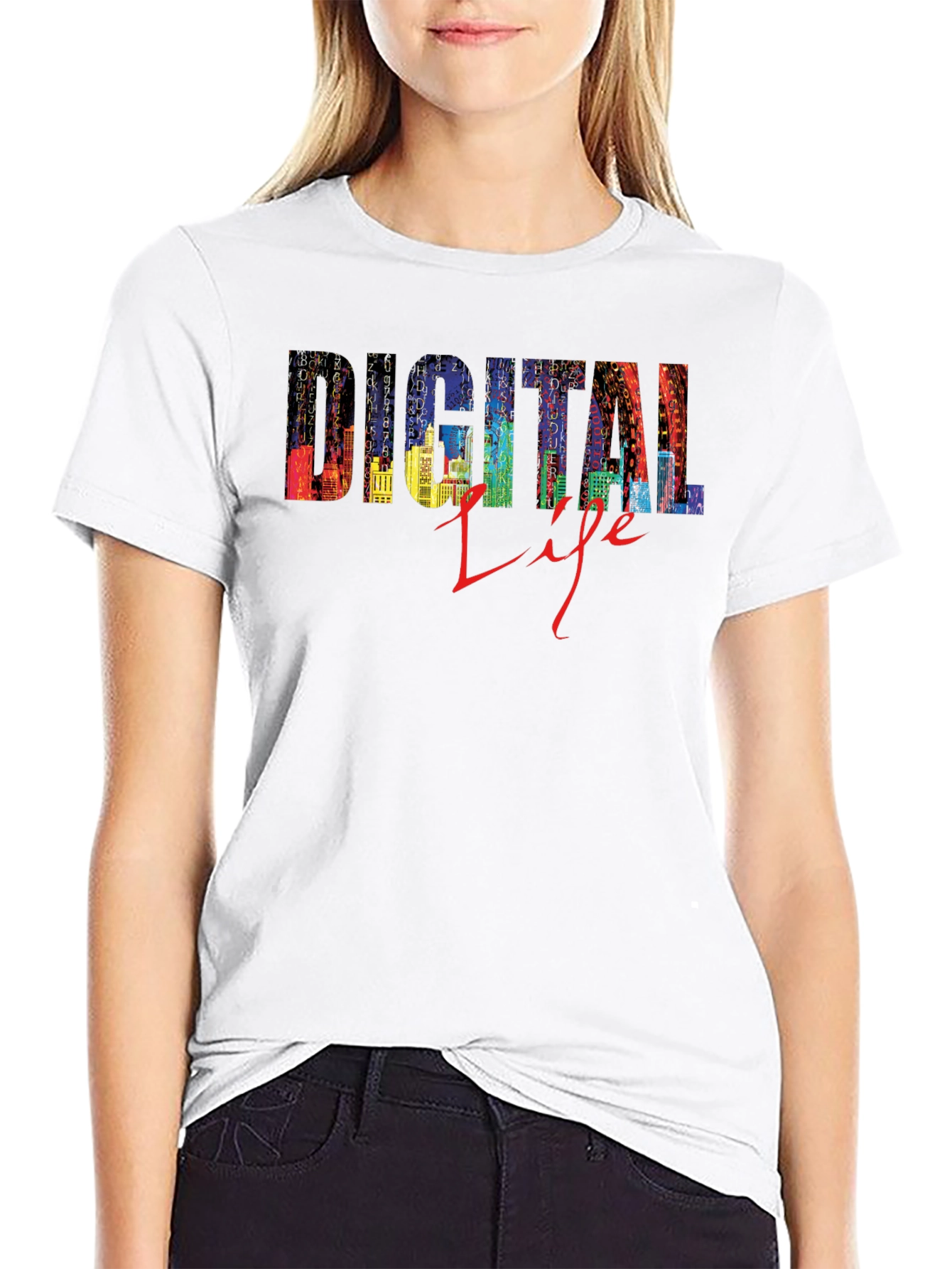 Digital Life Black T-Shirt - Stylish Cityscape Design