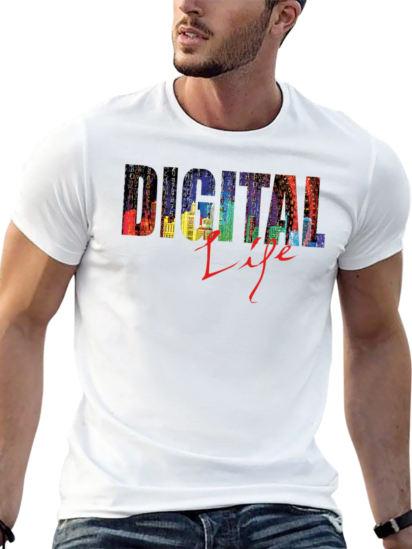 Digital Life Black T-Shirt - Stylish Cityscape Design