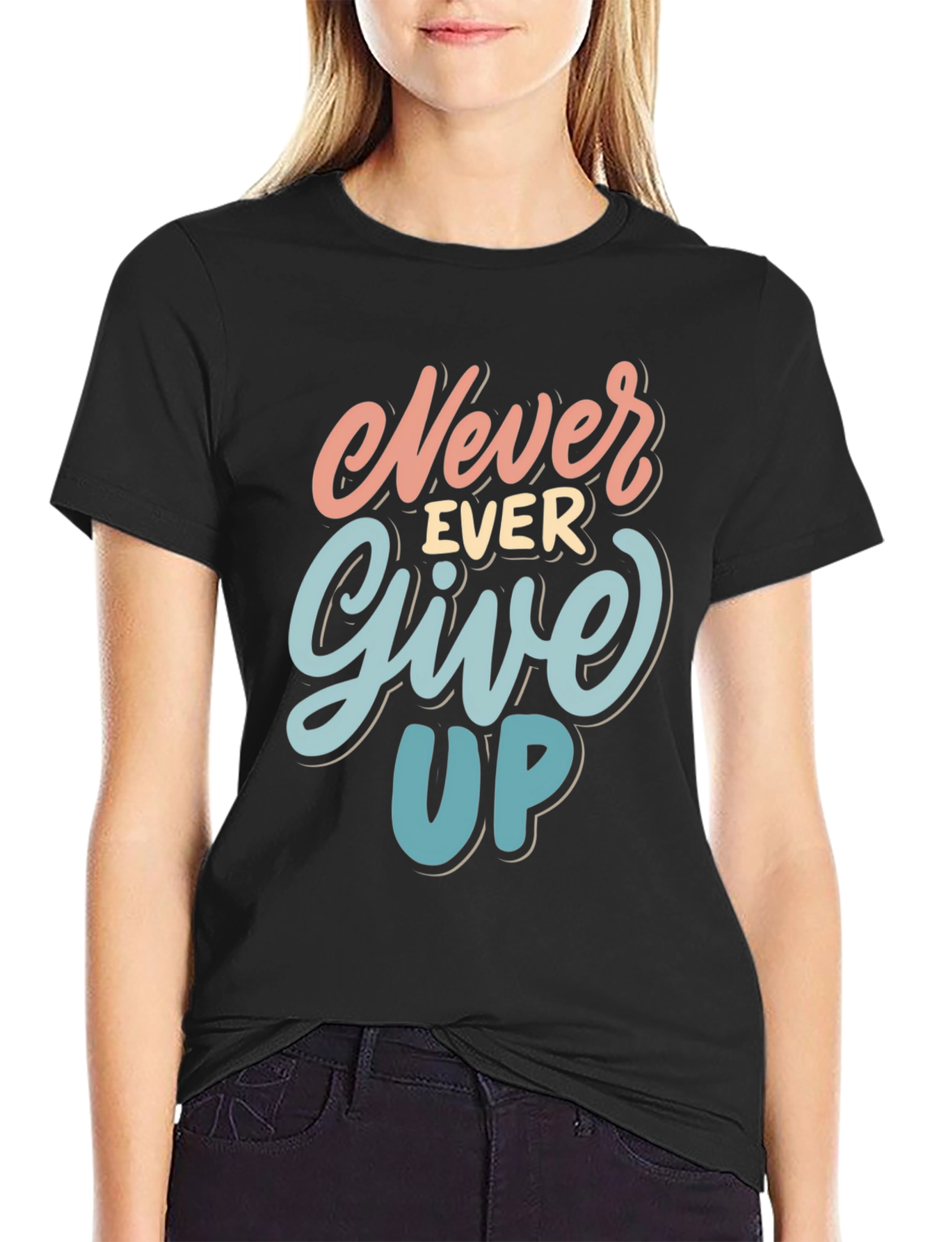 Never Ever Give Up Black Graphic Tee