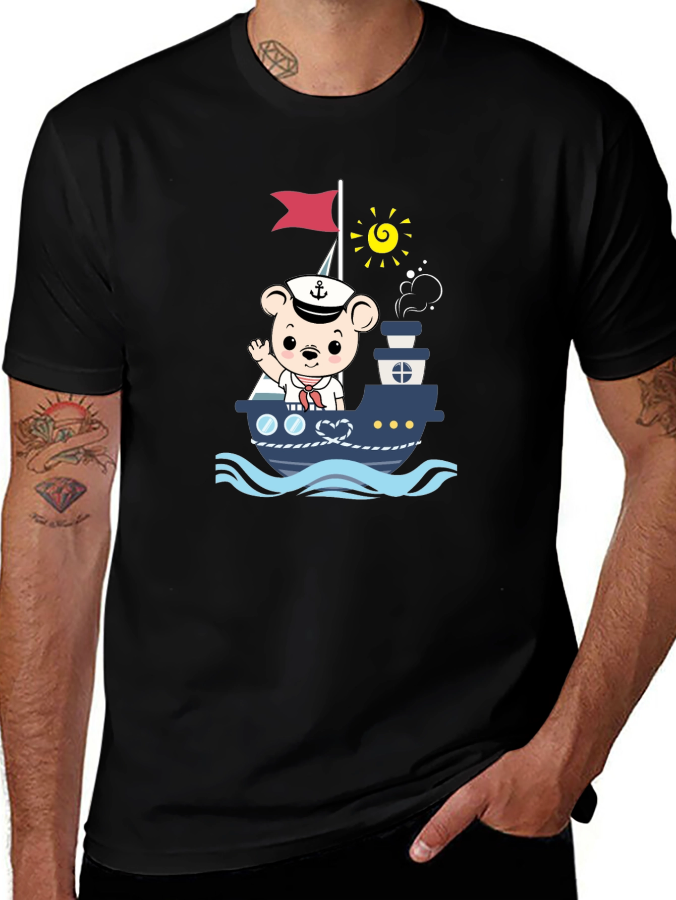 Bear Sailor Boat Graphic T-Shirt