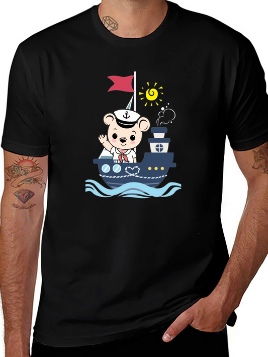 Bear Sailor Boat Graphic T-Shirt