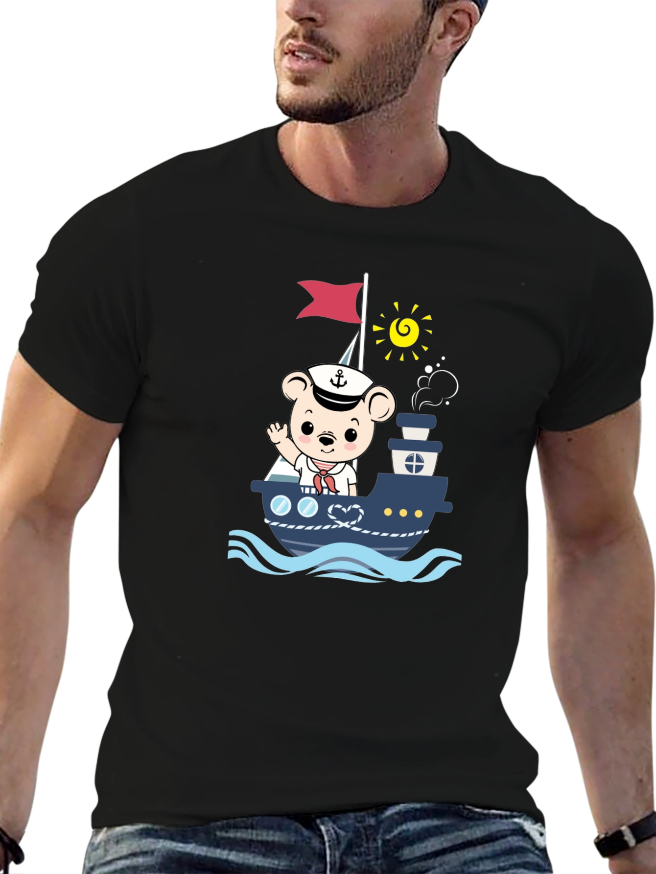 Bear Sailor Boat Graphic T-Shirt
