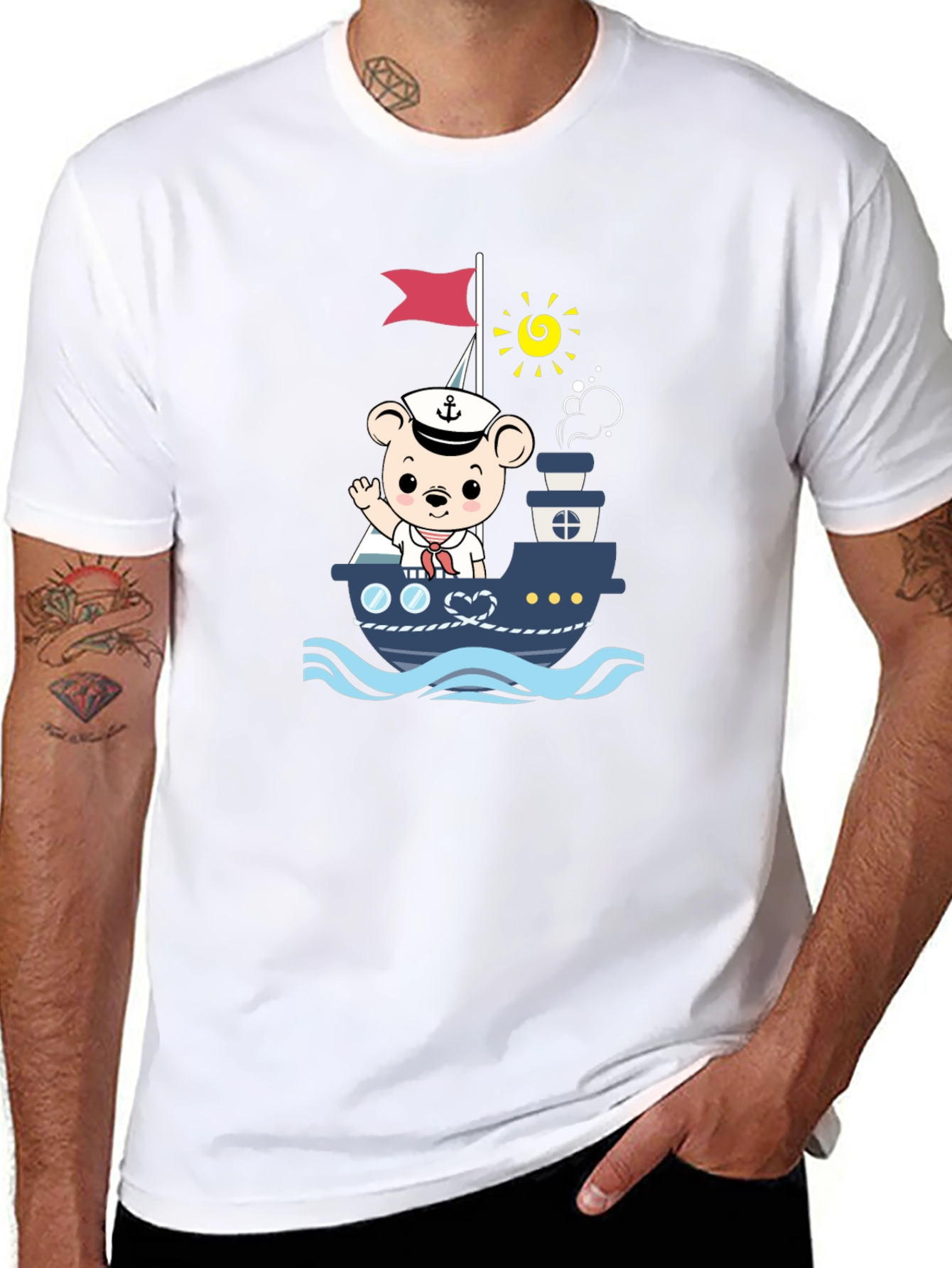 Bear Sailor Boat Graphic T-Shirt