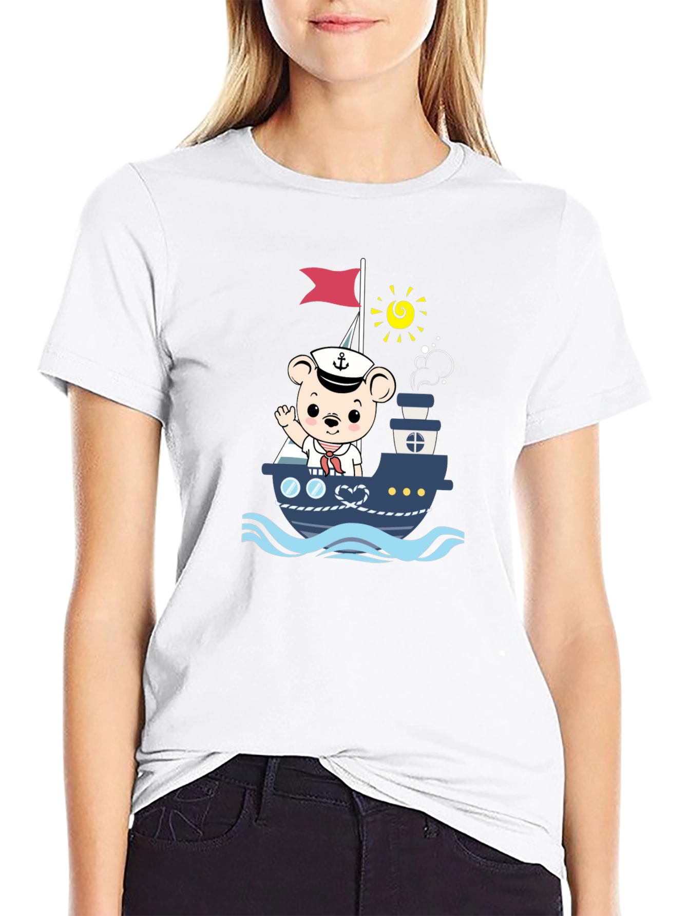 Bear Sailor Boat Graphic T-Shirt