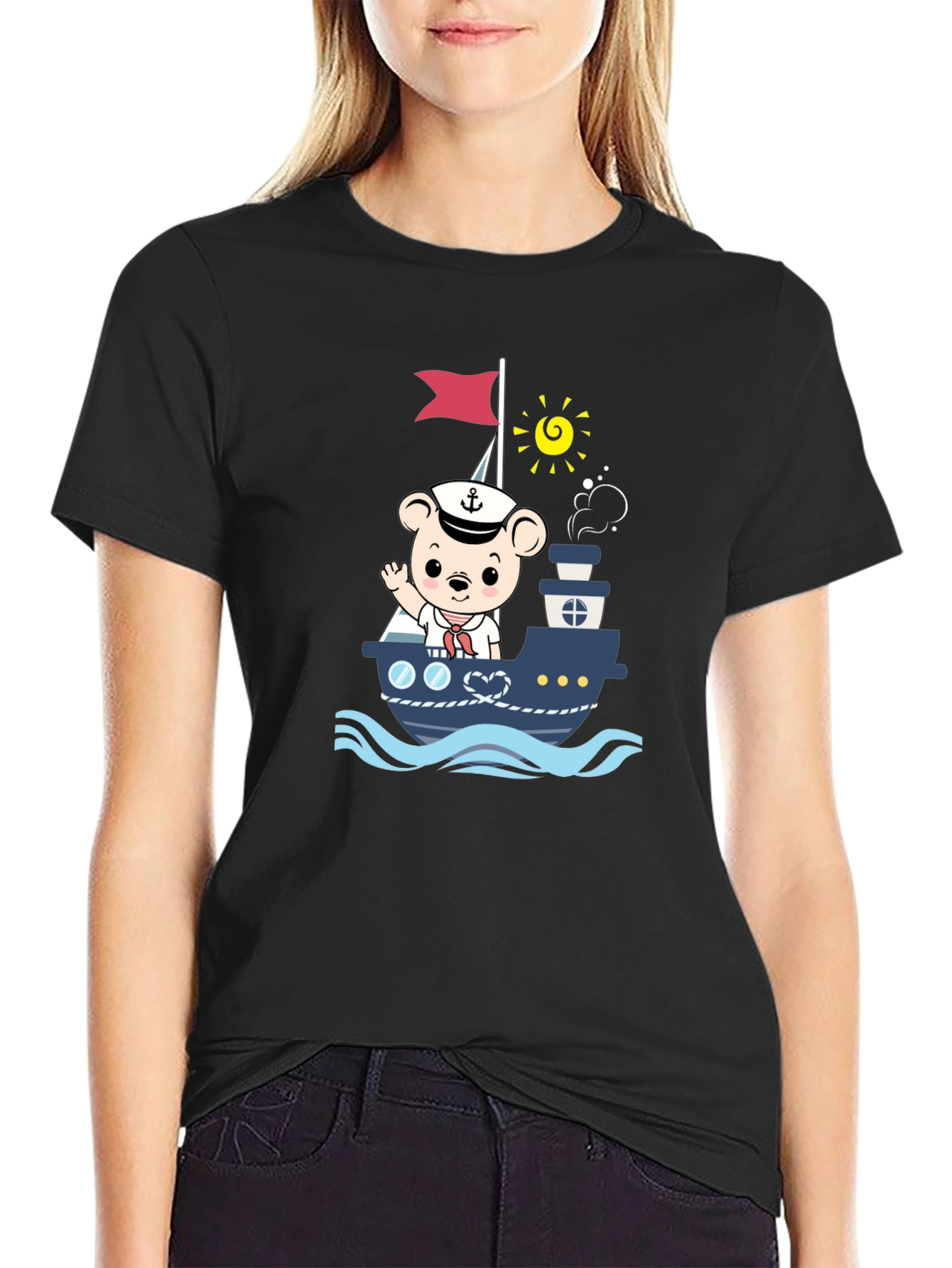 Bear Sailor Boat Graphic T-Shirt