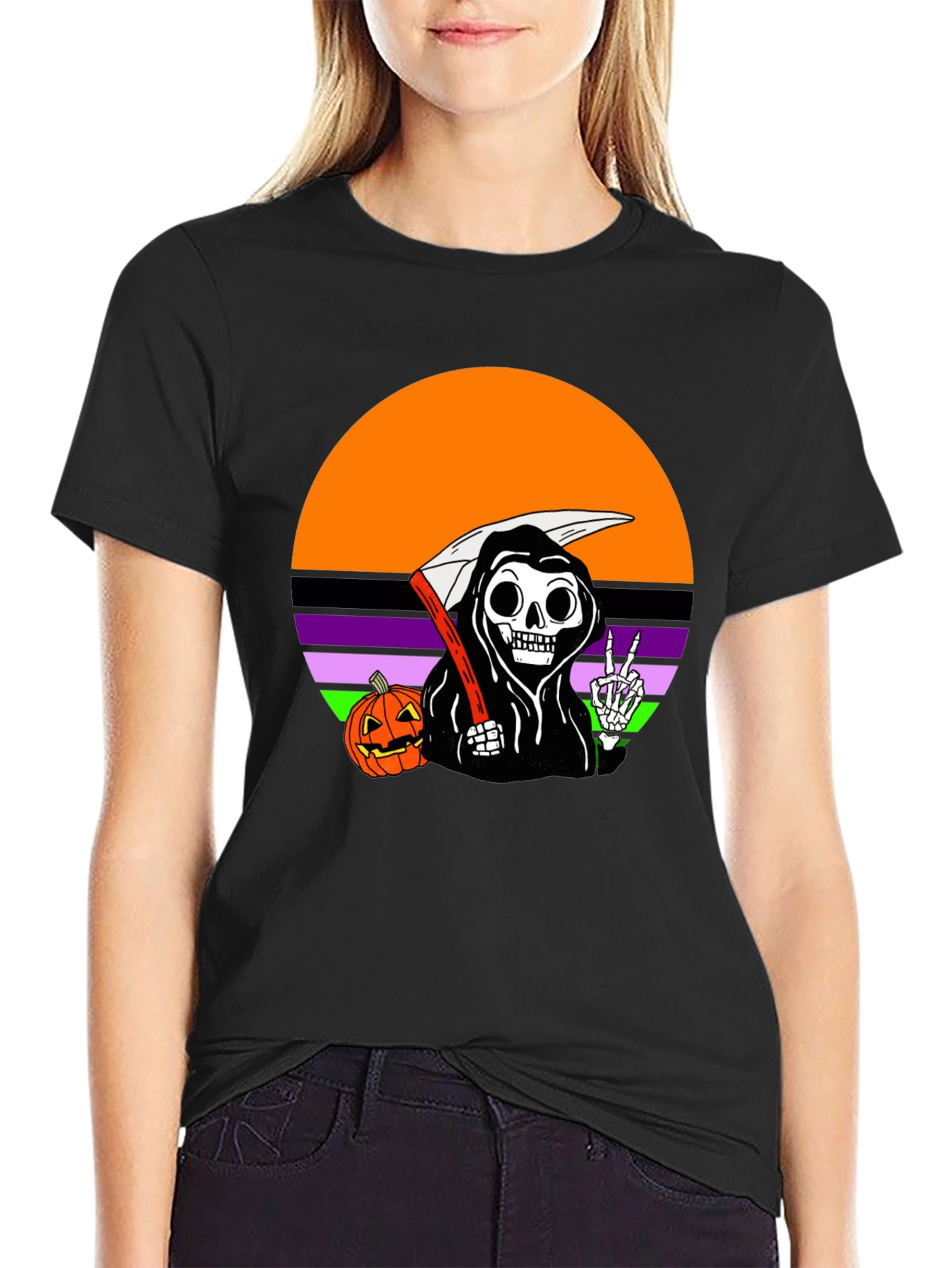 Grim Reaper Halloween T-Shirt with Peace Sign