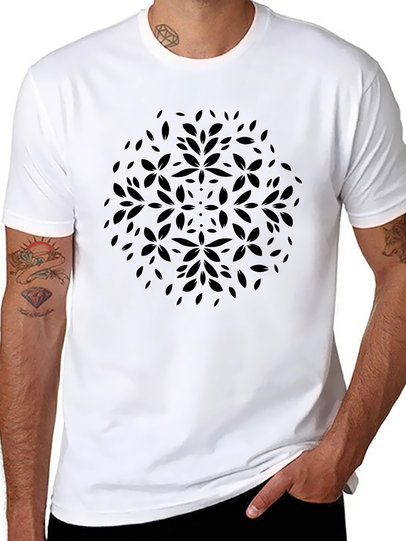 Black Floral Pattern Crew Neck Tee