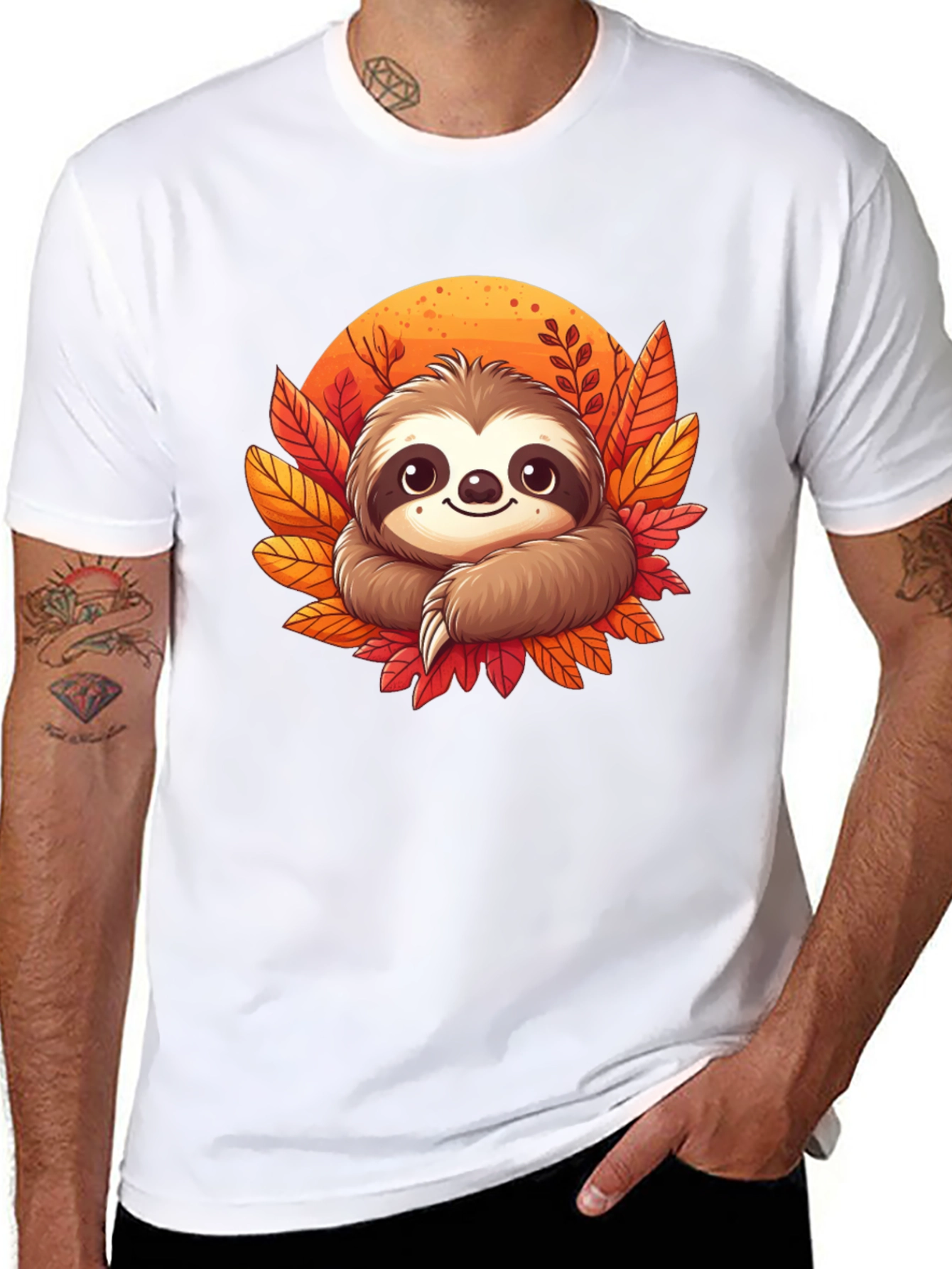 Cute Sloth Fall Leaves Graphic Tee
