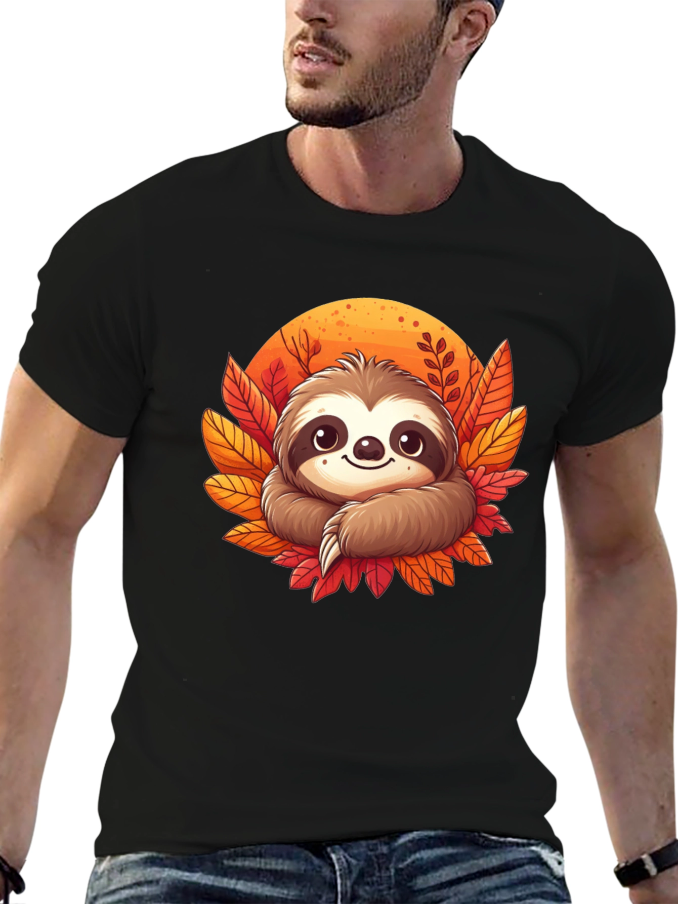 Cute Sloth Fall Leaves Graphic Tee