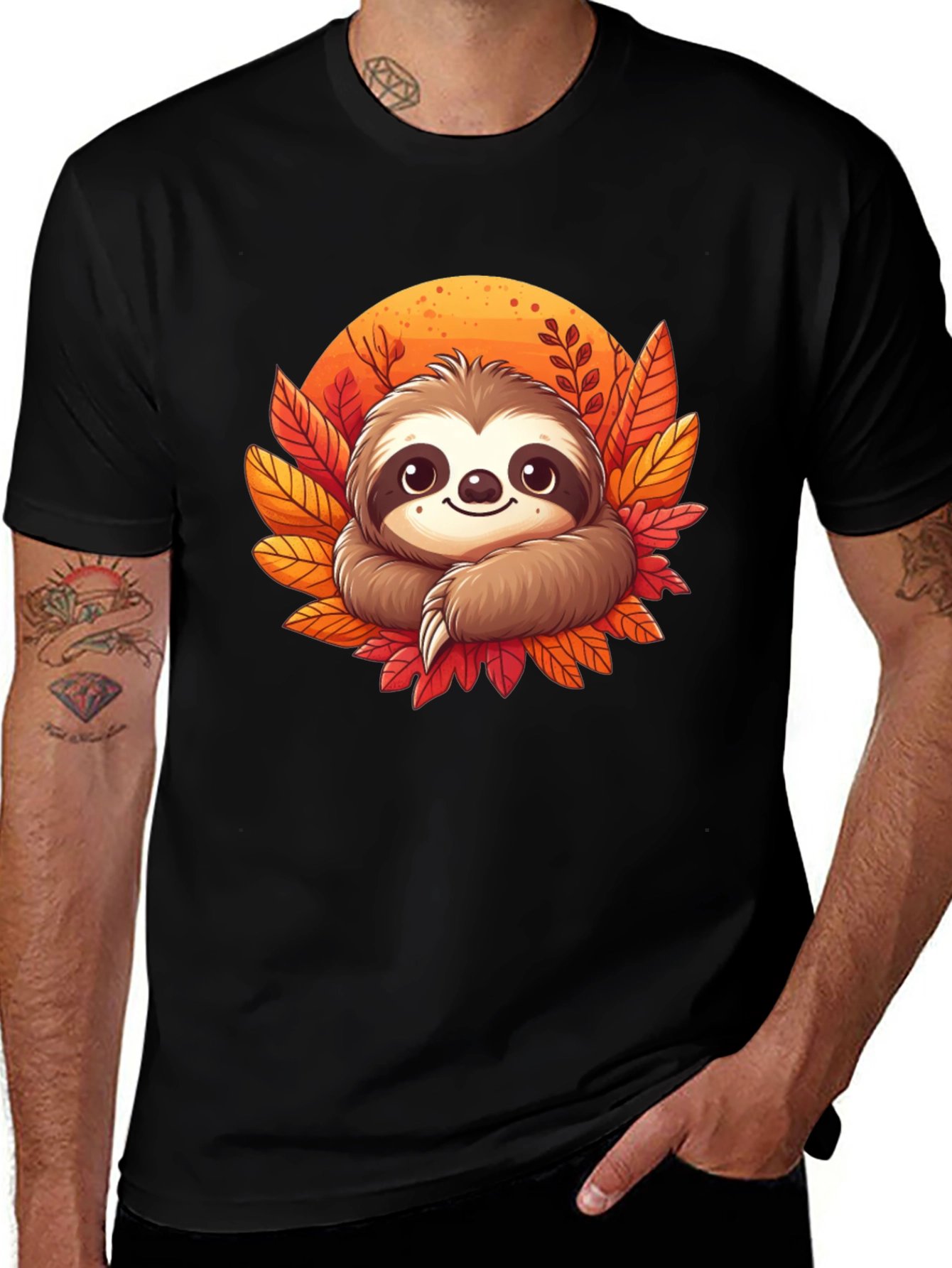 Cute Sloth Fall Leaves Graphic Tee
