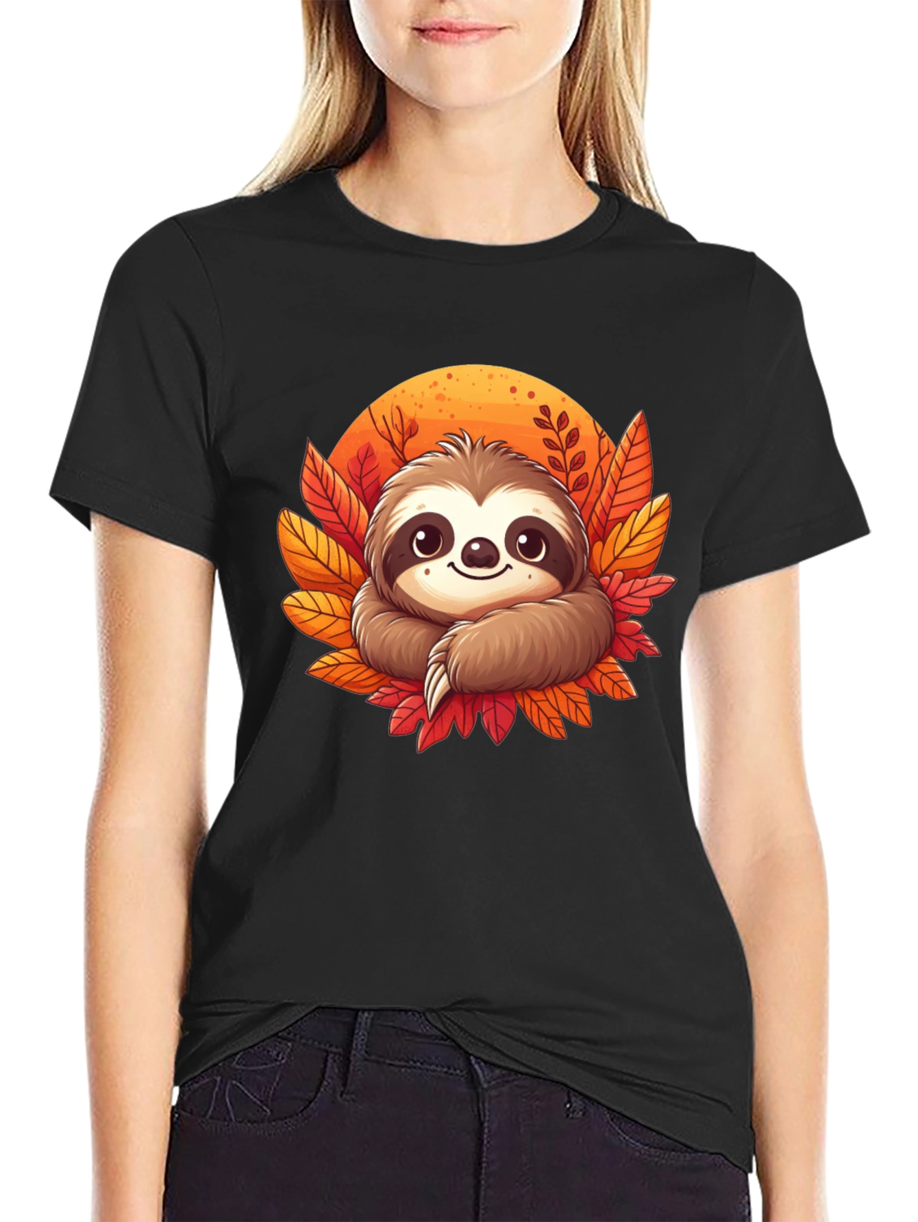 Cute Sloth Fall Leaves Graphic Tee
