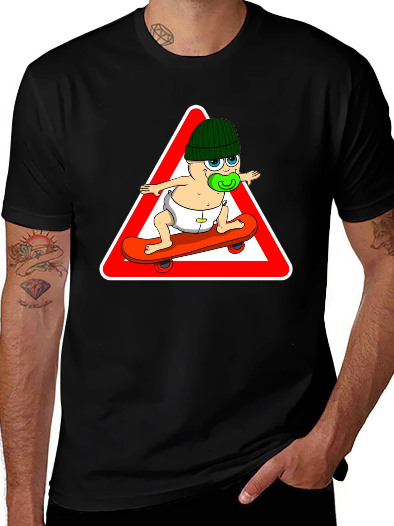 Skateboarding Baby Graphic Tee - Black Cotton T-Shirt