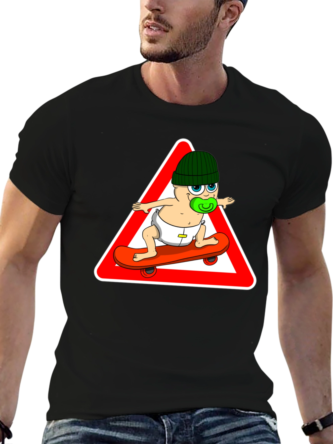 Skateboarding Baby Graphic Tee - Black Cotton T-Shirt