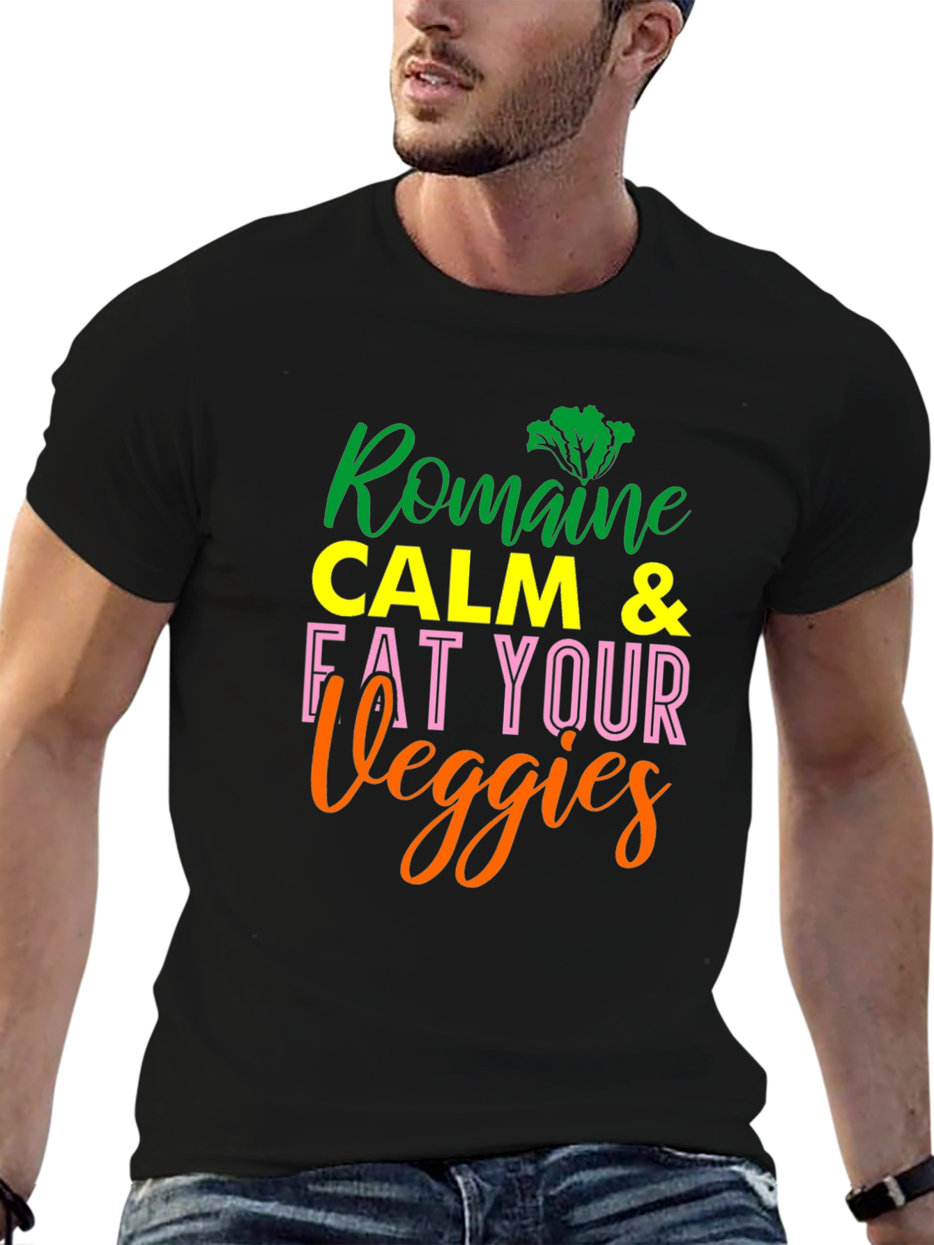 Romaine Calm & Eat Your Veggies Black T-Shirt