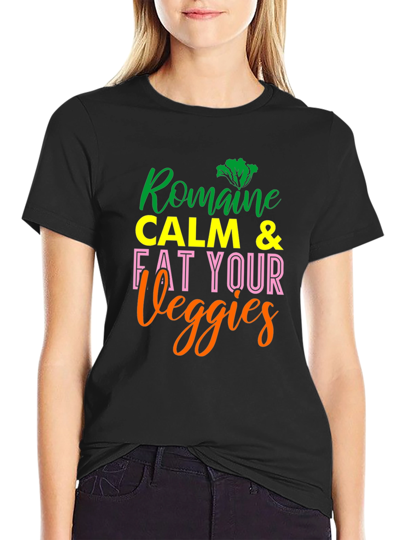 Romaine Calm & Eat Your Veggies Black T-Shirt