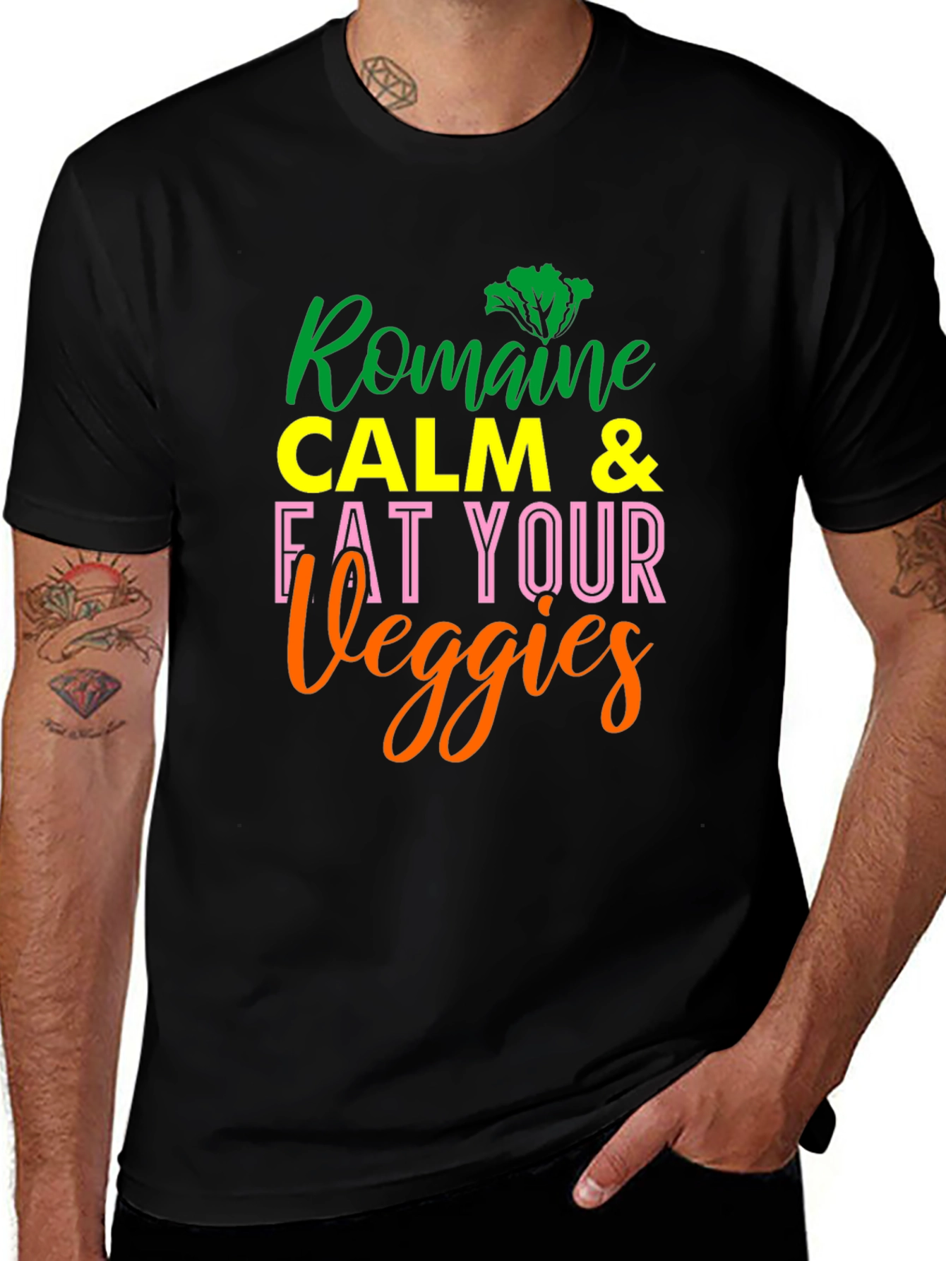 Romaine Calm & Eat Your Veggies Black T-Shirt