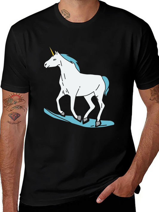 Unicorn Surfing Graphic Tee - Black Cotton T-Shirt