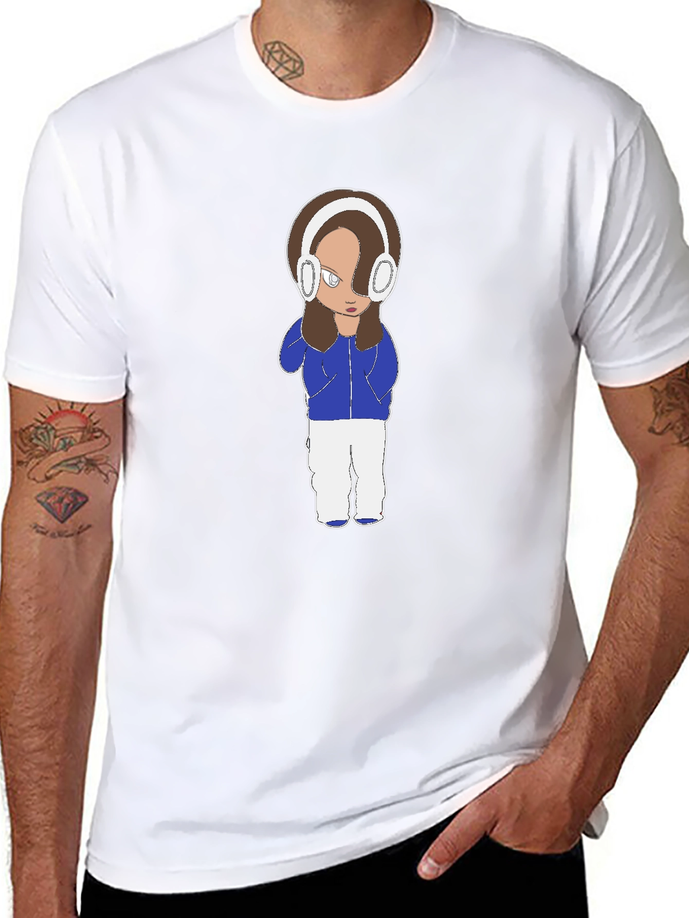 Cartoon Girl Headphones Black T-Shirt